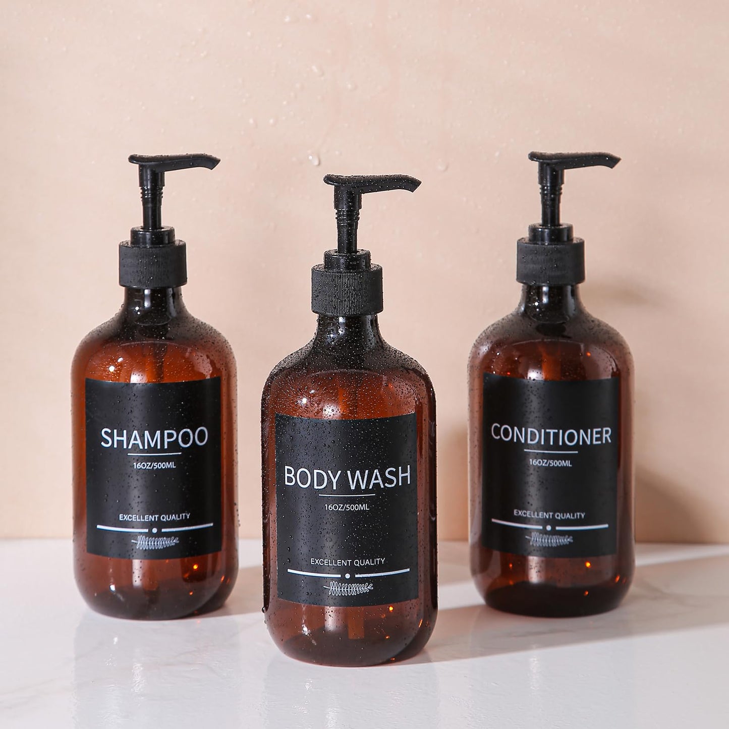 Mithrgrous 5Pack Amber Shower Bottles Refillable with Labels,16.9oz(500ml) Reusable Shampoo and Conditioner Bottles,Shampoo Dispenser Bottles