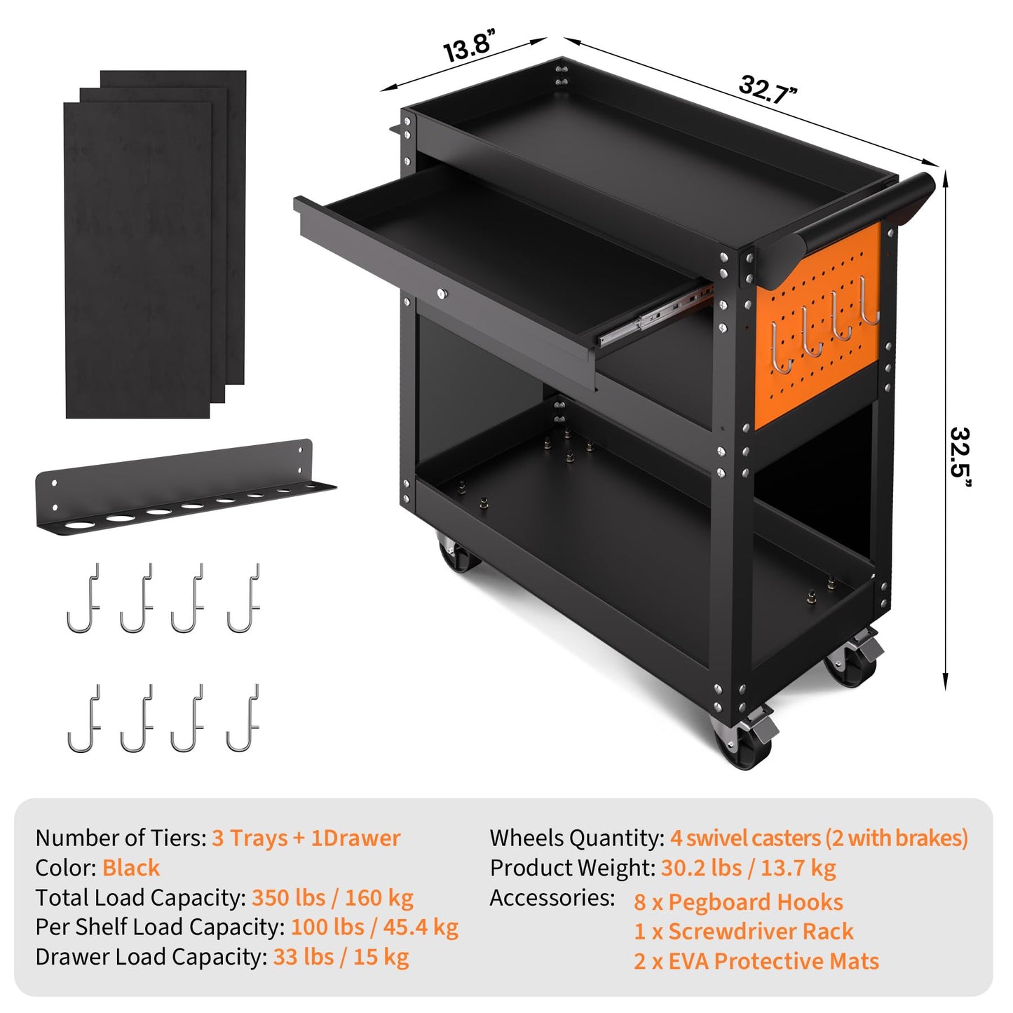 4-Tier Rolling Tool Cart On Wheels, Heavy Duty 350 Lbs Capacity Metal Mechanic Tool Cart with Lockable Drawer & Side Pegboards for Garage Workshop Repair Shop