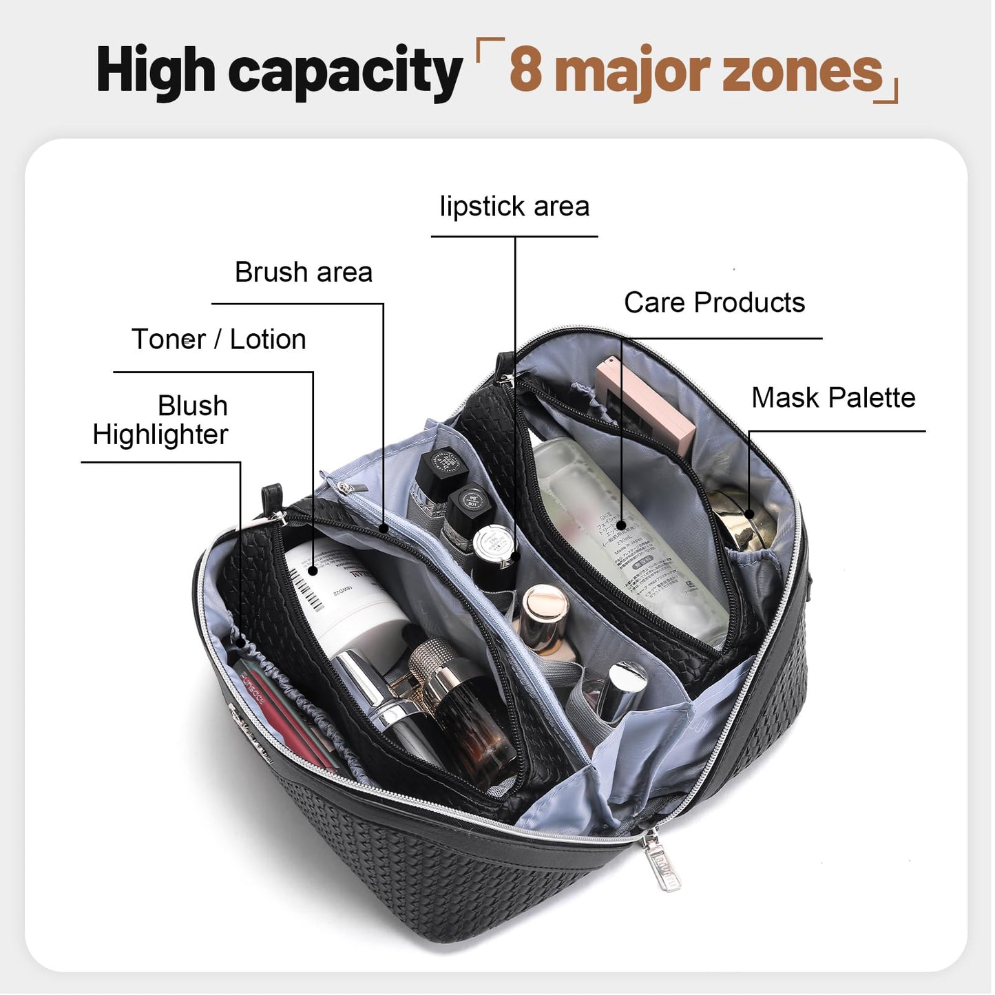 BOYATU Travel Makeup Bags for Women: Large Capacity Make up Bag with Wide Opening - 3 Pcs Set Waterproof Travel Toiletry Organizer for Full-Sized Bottles, Cosmetics & Brushes (Black-W)
