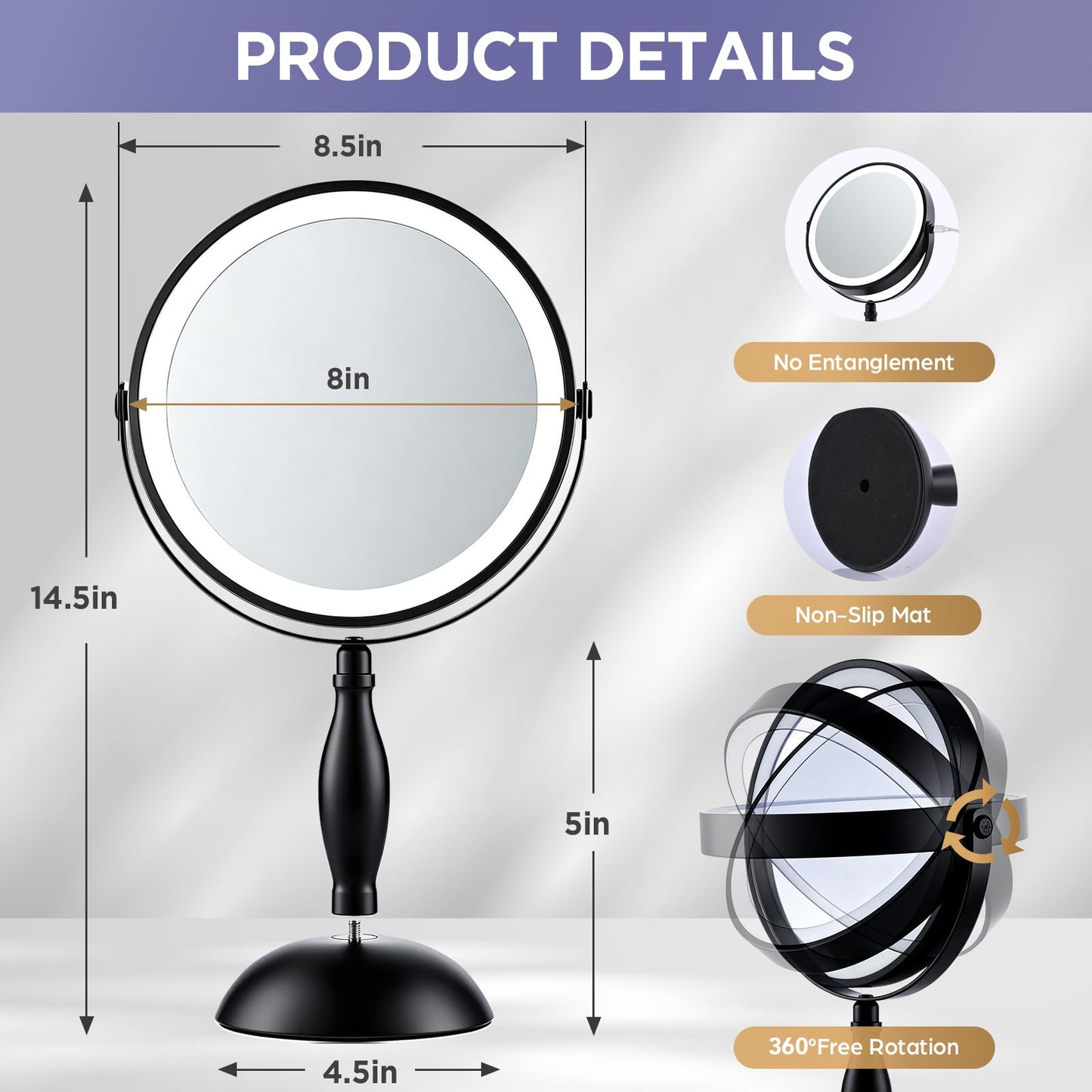 DASLAVA 30X Magnifying Mirror with Lights, 8" Dual Sided (1X/30X) Lighted Makeup Mirror, 360° Swivel, 5000mAh Rechargeable Side Touch & Side Charging, 3 Colors & Dimmable Brightness
