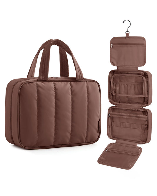 BAGSMART Travel Toiletry Bag for women, Portable Hanging Hook Makeup Bag Organizer, Waterproof Makeup Cosmetic Bag, for Full-Size Accessories, Toiletries,Coffee Brown