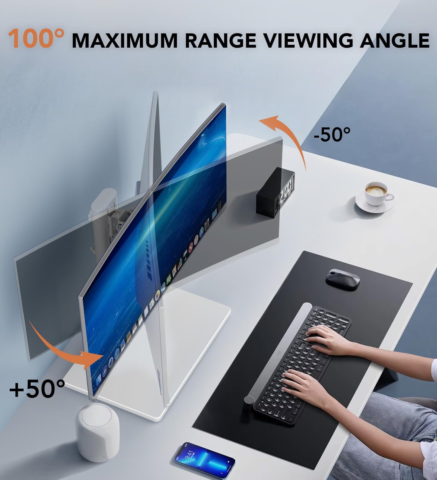 Hemudu Single LCD Computer Monitor Free-Standing Desk Stand Riser for 13 inch to 32 inch Screen with Swivel, Height Adjustable, Rotation, Holds One (1) Screen up to 77Lbs(HT05W-001) White