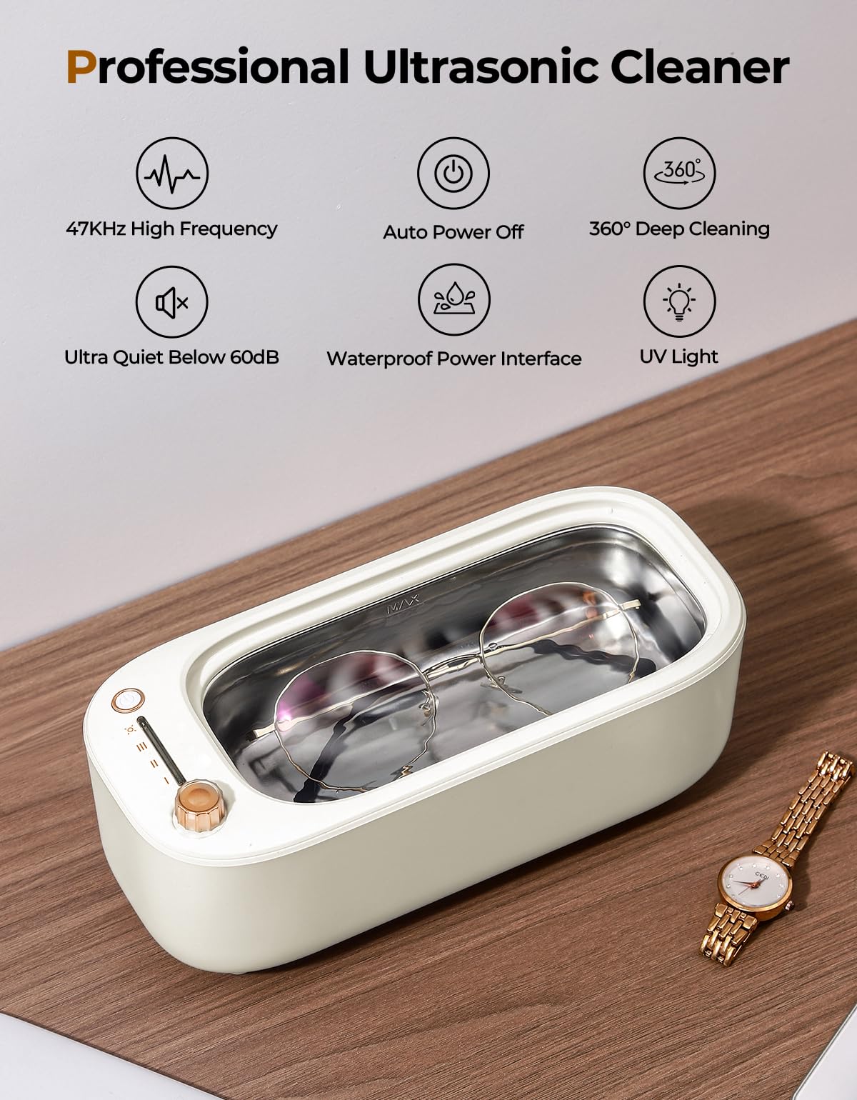 ULTRDREAMS 400ml Ultrasonic Cleaner Machine for Jewelry, Professional Electric Mini Cleaning Device with UV Light & 4 Modes for Glasses, Ring, Denture, Invisalign & Makeup Brush - Ivory