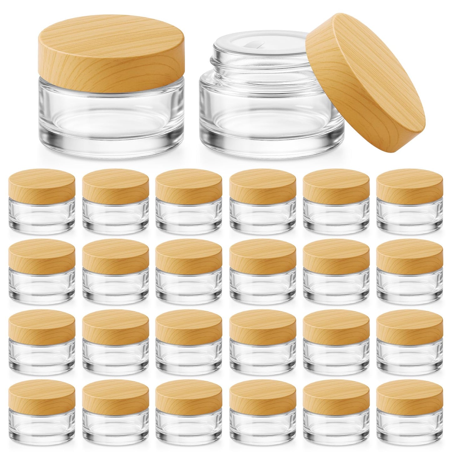 Bumobum 24 Pcs 5 Grams Glass Cosmetic Jars with Plastic Wood-Grain Lids, 5 ml Lip Balm Containers Empty Tiny Sample Jars for Lip Scrub Makeup Eye Cream Travel