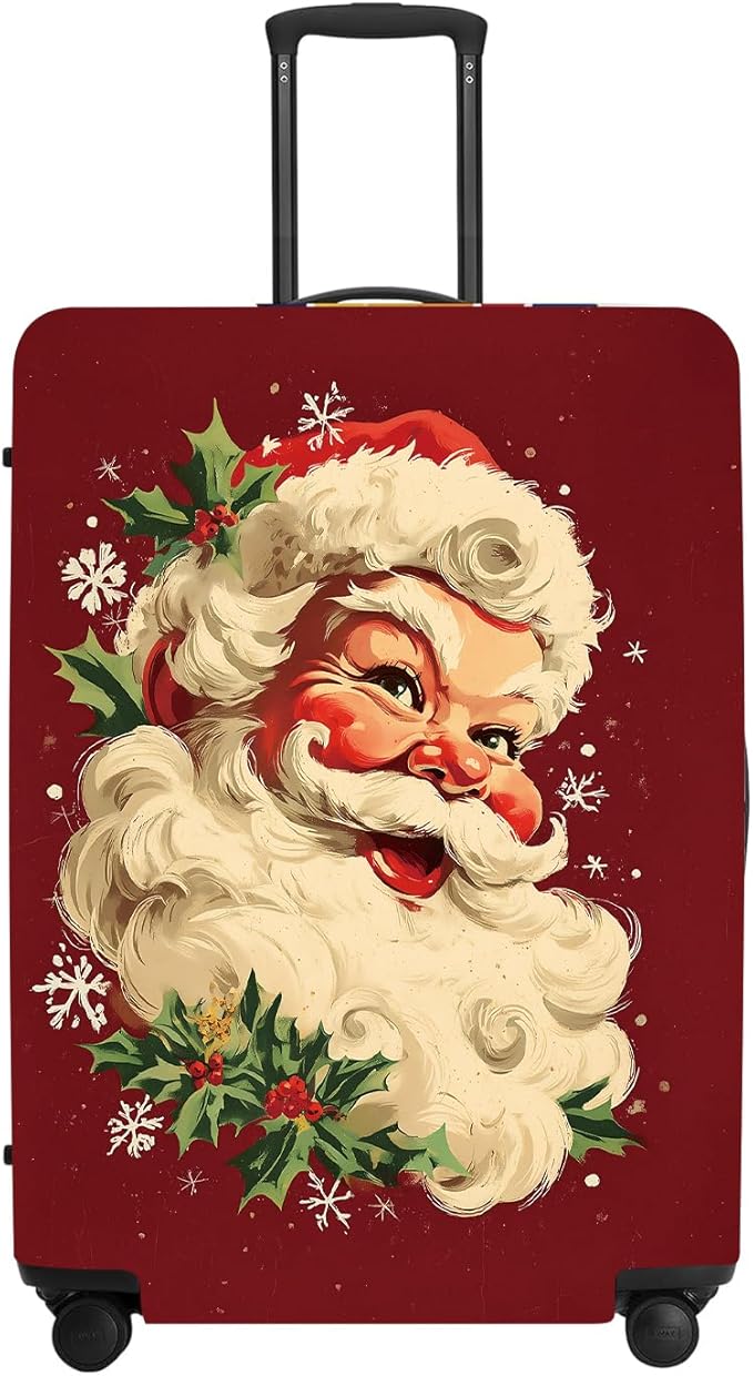 Retro Santa Luggage Cover - Vintage Saint Nicholas with Holly and Snowflakes, Traditional Christmas Suitcase Protector 18 20 22 Inch