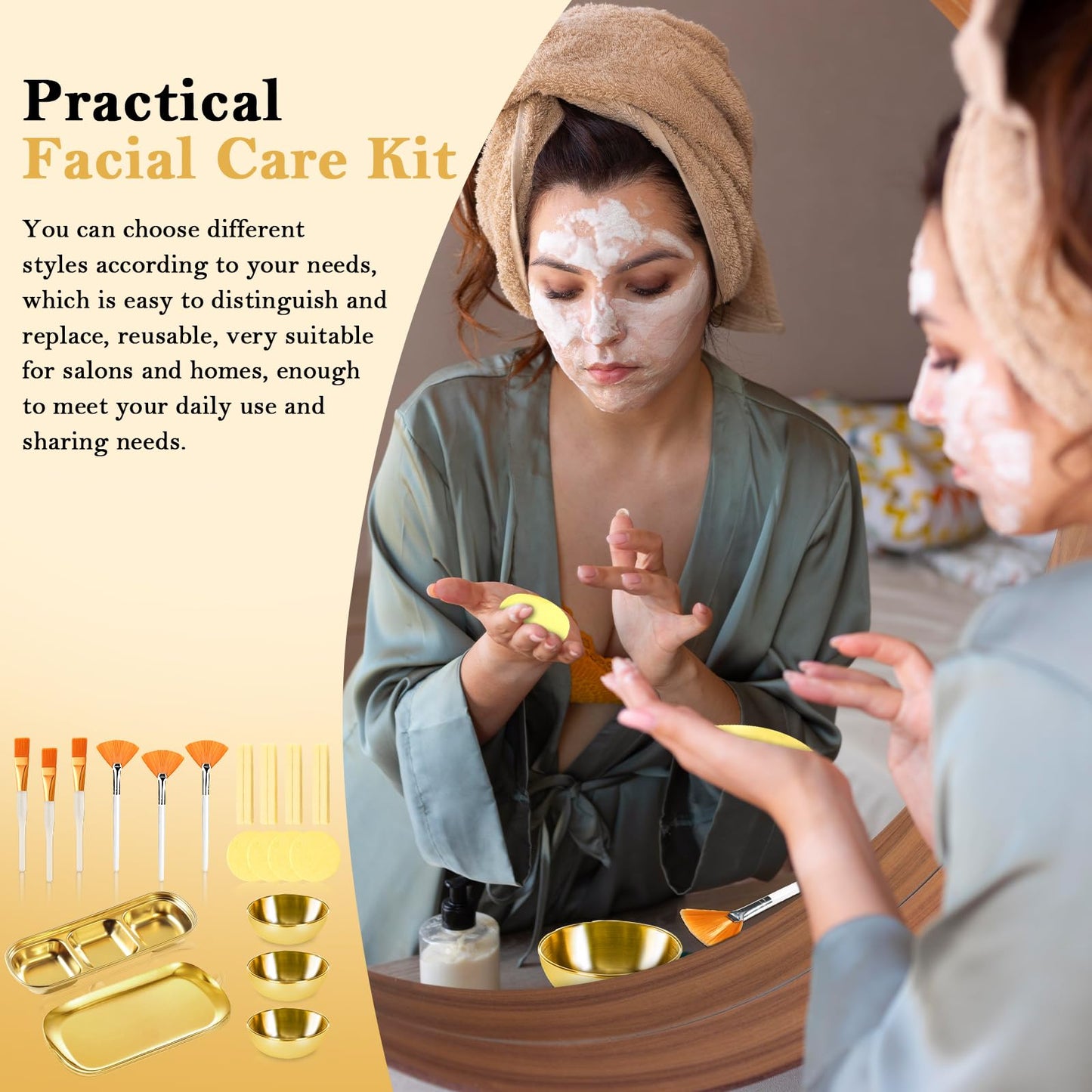 23 Pcs Esthetician Supplies 3 Stainless Steel Gold Mixing Bowls Gold Small Serving Tray 3 Compartment Serving Tray 3 Facial Fan Brushes 3 Face Mask Applicator Brush 12 Facial Sponge Compressed Round