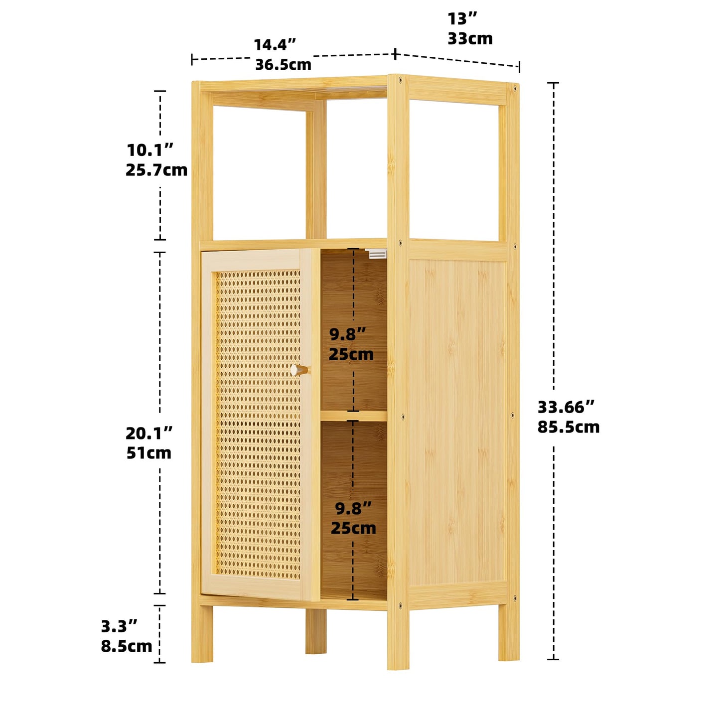 HITNET Bathroom Storage Cabinet Rattan, Small Bamboo Floor Cabinet with Single Door and Open Shelf, Freestanding Narrow Cupboard for Living Room, Kitchen, Entryway, Natural