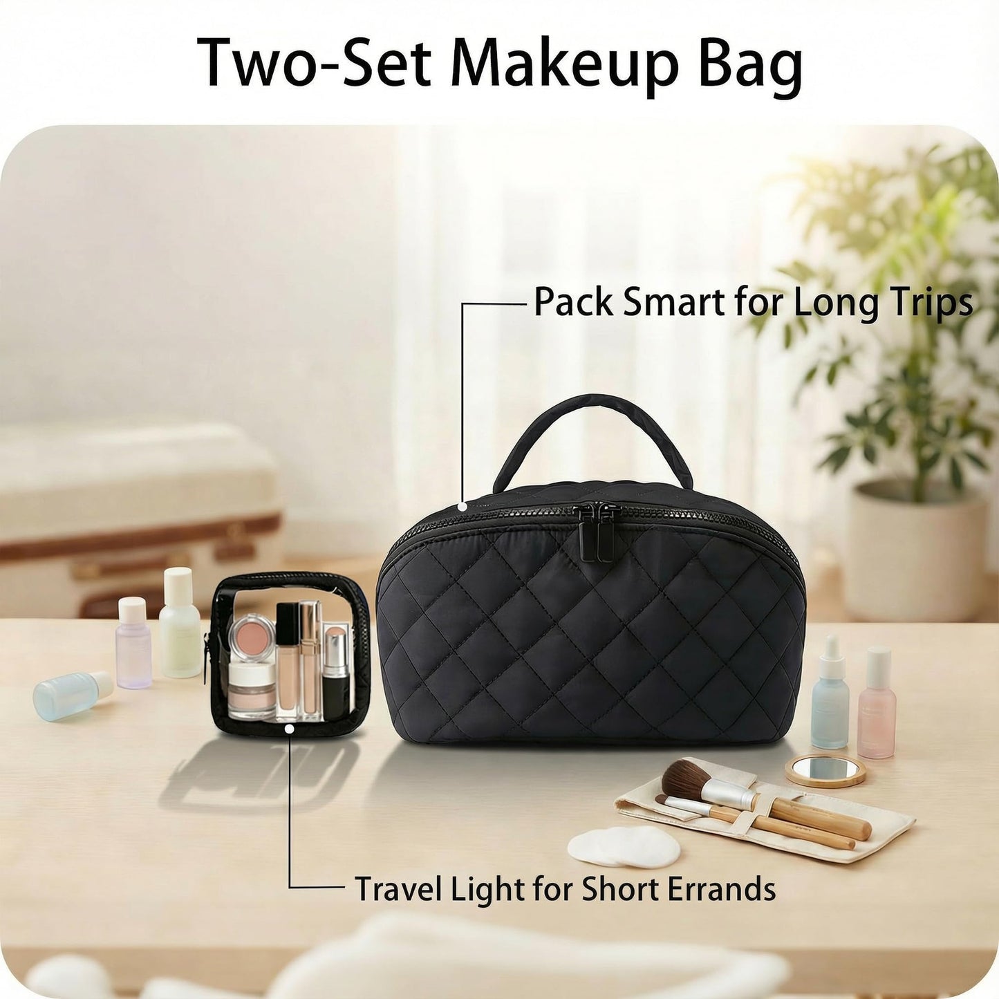Gmkato Travel Makeup Bag for Women,Large Capacity Waterproof Makeup Organizer, Open Flat Toiletry Bag for Toiletries (Black, Large)