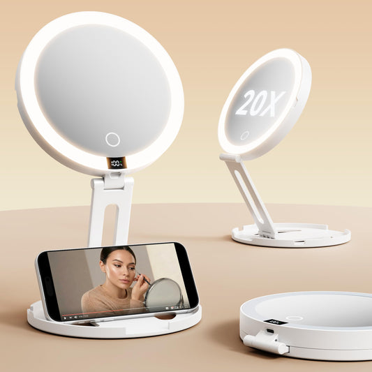 eeuuty Travel Makeup Mirror with Lights (Gen 3) - 20X/1X Dual Sided Magnifying Mirror with Digital Power Display - Rechargeable, 3 Color Dimmable, CRI 95+ - Portable Folding Mirror for Desk & Travel