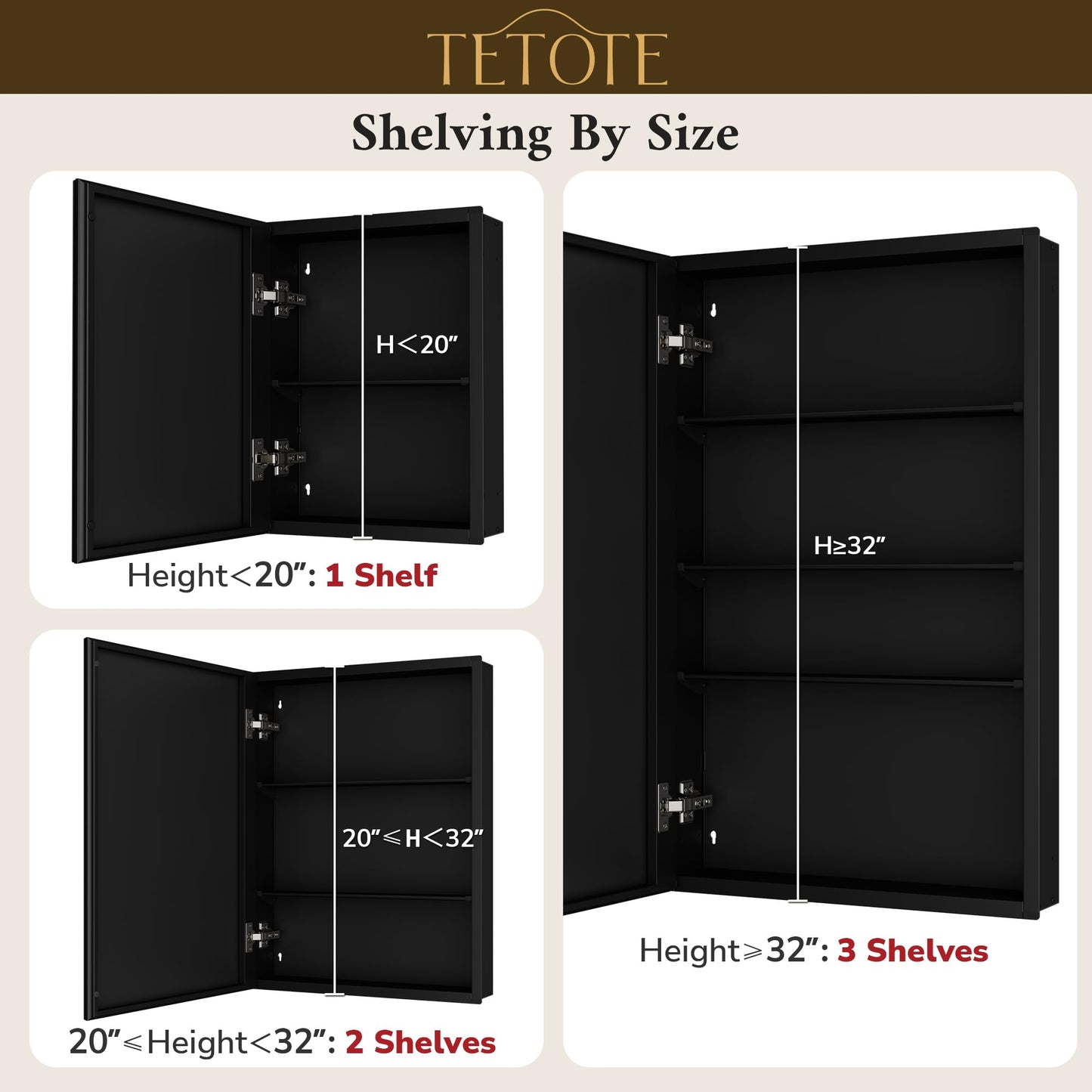 TETOTE 60 x 32 Medicine Cabinet with Tempered Beveled Mirror Black Aluminum Cabinet DTC Hinges, Stepless Adjustable Shelves, Recessed/Surface-Mounted