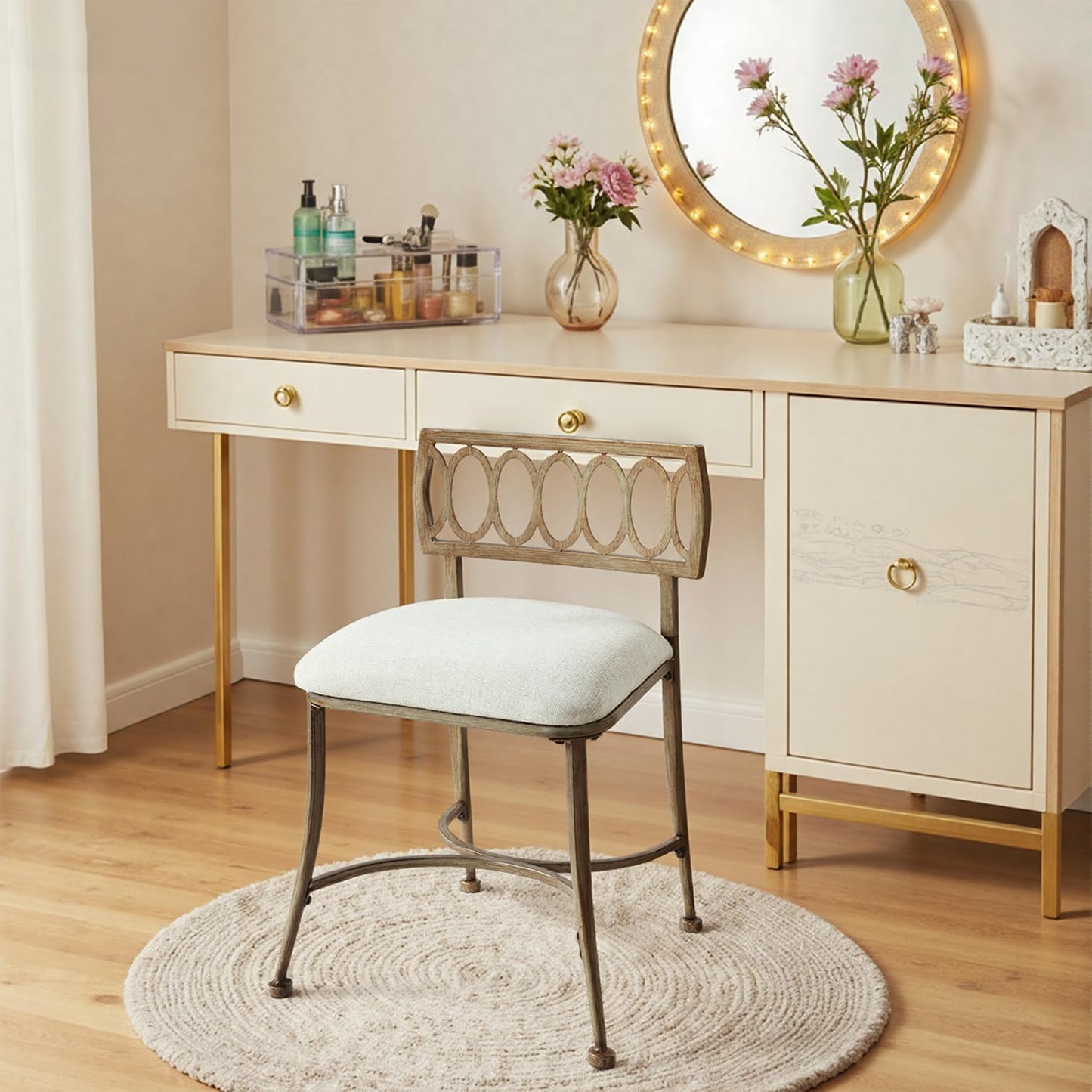 Azalea Park Golden Bronze Low Back Vanity Stool Soft Linen Upholstery, Iron Frame, Padded Cushion Bathroom & Bedroom Accent Chair