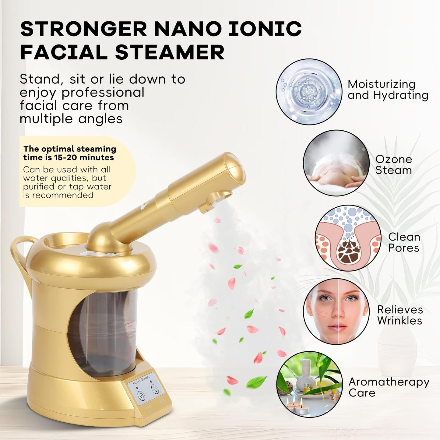 Facial Steamer, Nano Ionic Face Steamer with Extendable Arm for Deep Cleaning and Hydration, 360°Rotating Nozzle Face Humidifier, Portable Ozone Steamer for Beauty, Spa and Home Use（Golden）