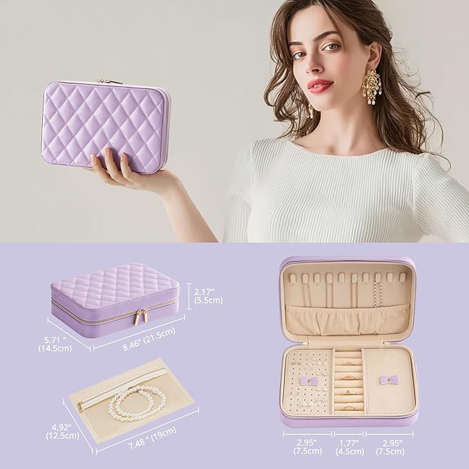 Lolalet Travel Jewelry Case for Women Girls, Travel Jewelry Organizer Box with Mirror & Clear Storage Bag, Small Portable Earring Necklace Bracelet Ring Case, Birthday Christmas Gifts -Medium, Purple