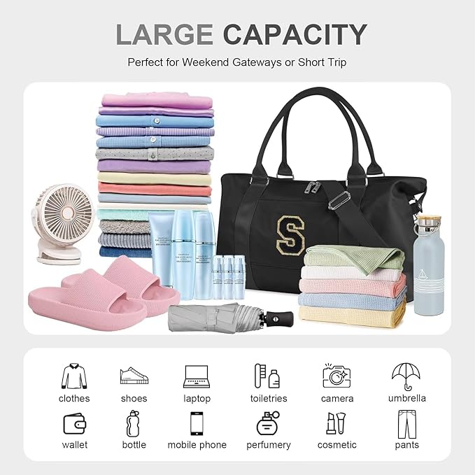 Dance Gym Duffel Bag for Teen Girls, Personalized Initial Travel Weekender Bag,Cute Overnight Carry On Duffle for Women,Sports Travel Cheer Bag,Monogram Christmas Gifts for Tween Preppy(black-S)