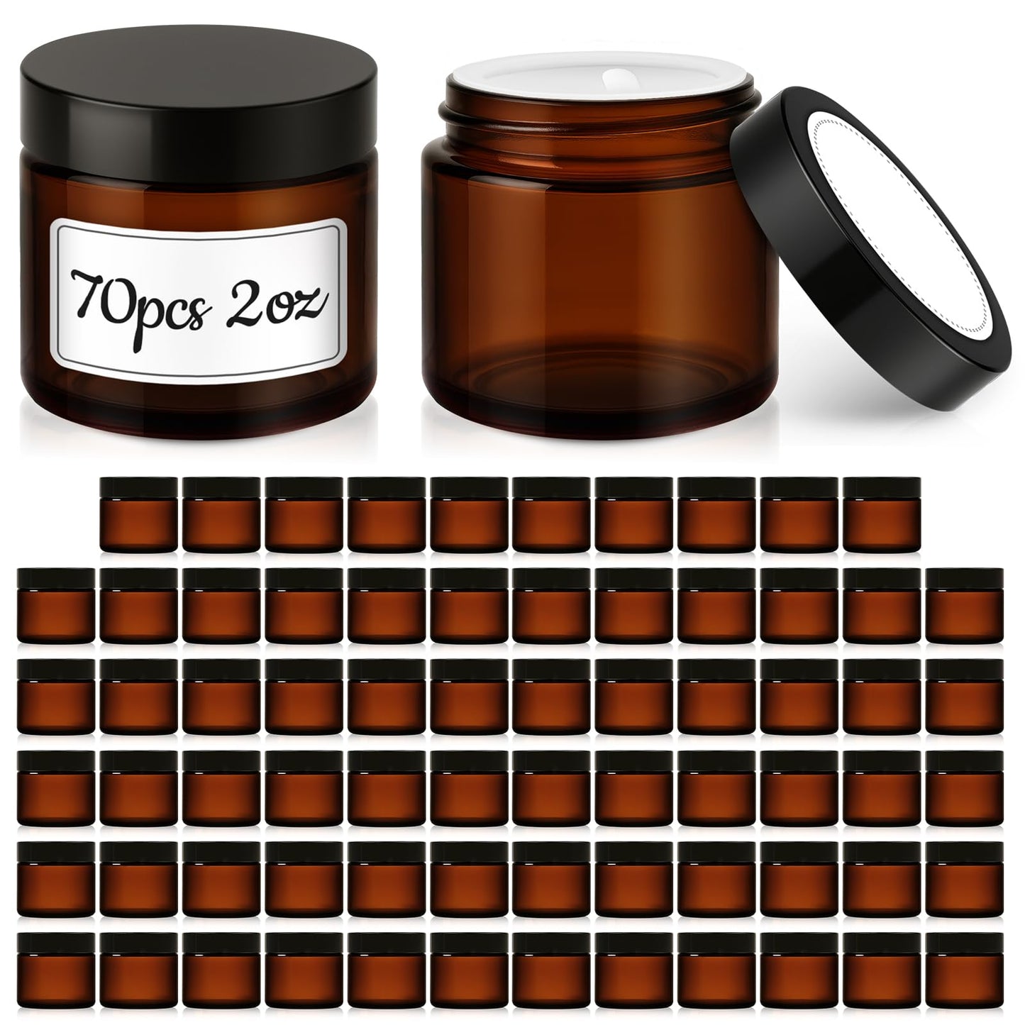 Bumobum 70 Pack 2 oz Small Glass Jars with Lids, Amber Glass Cosmetic Jars with Inner Liners, 60ml Round Empty Sample Containers for Lotion, Cream, Salve, Powders and Ointments Storage