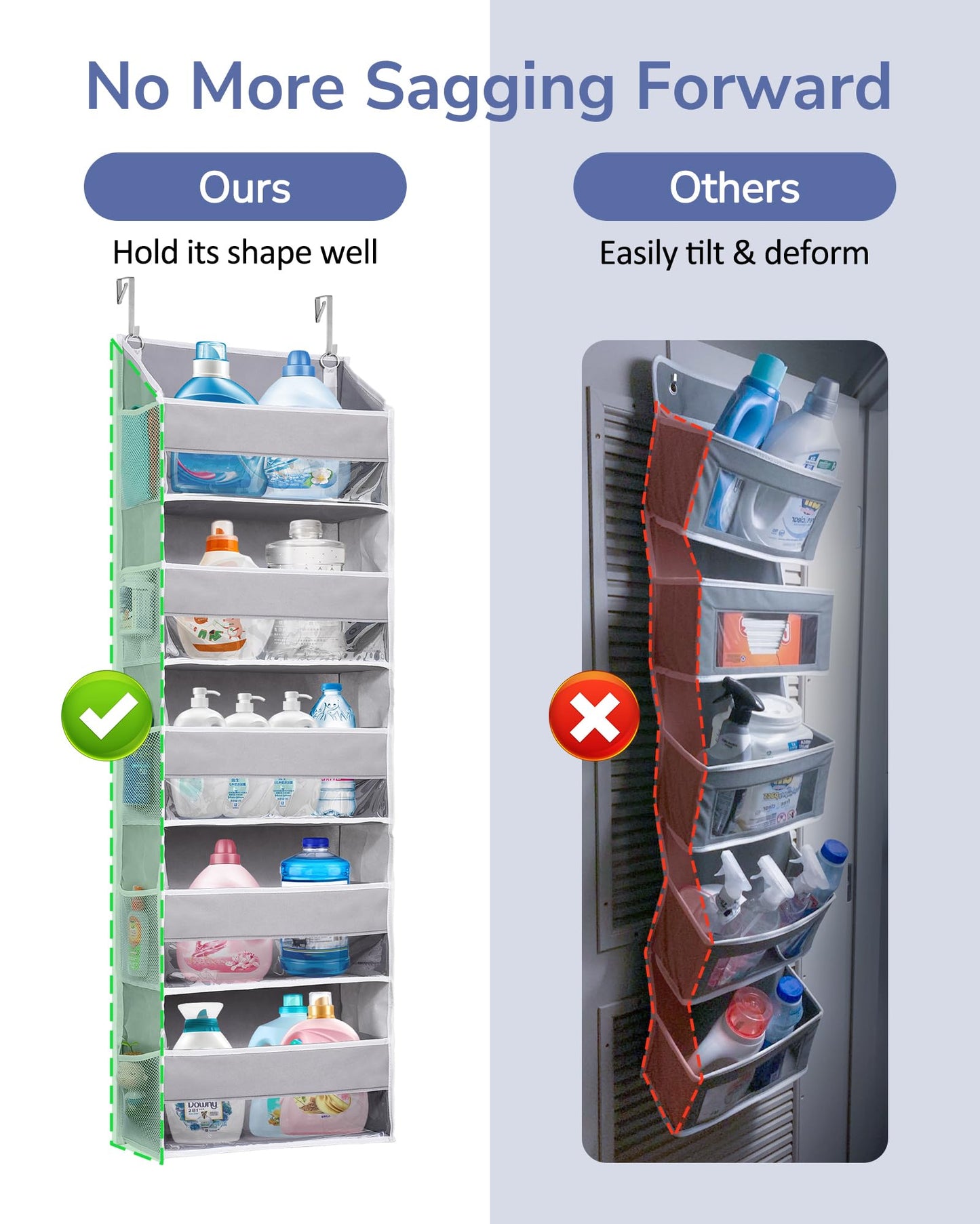 ULG 1 Pack Over Door Organizer with 5 Large Pockets 10 Mesh Side Pockets, 44 lbs Weight Capacity Hanging Storage Organizer with Clear Window for Kids Toys, Shoes, Diapers, Grey, 5 Layer