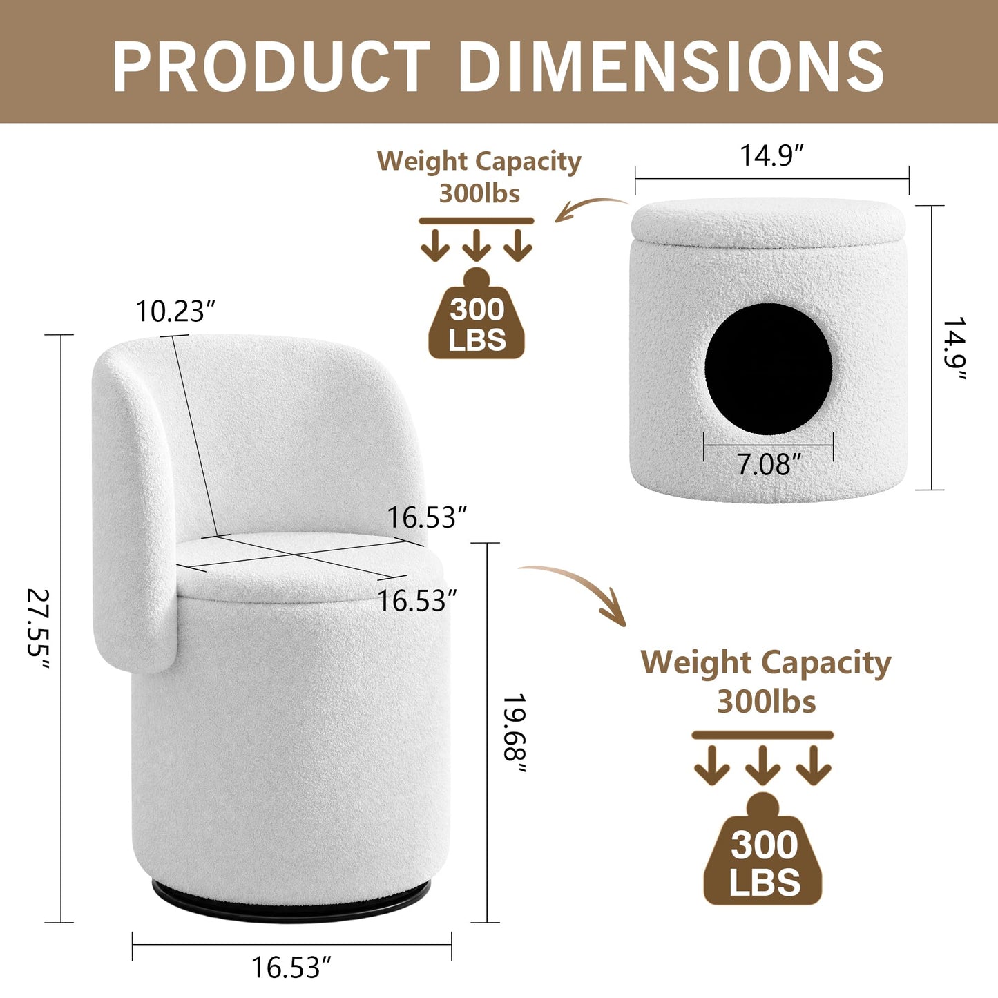 WOCFYK Swivel Vanity Chair with Storage and Matching Cat Bed Stool, 360 Degree Upholstered Barrel Chair, Teddy Fleece Makeup Chair with Back for Bedroom, Vanity Room, Dining Room, White Teddy Fleece