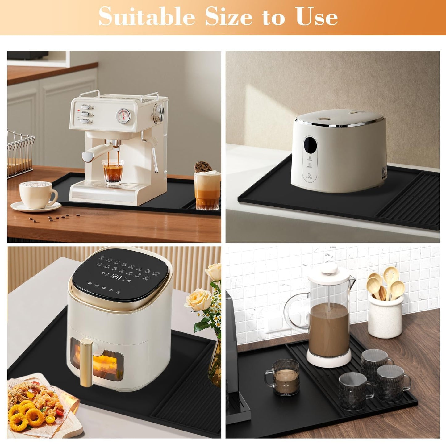 Silicone Coffee Mat, 24''x16'' Bar Mat with Detachable Dish Drying Mat,Non Slip Machine Pad,Fits Under Coffee Maker and Dish Rack,comes with a practical coffee mat cleaning brush(Black)