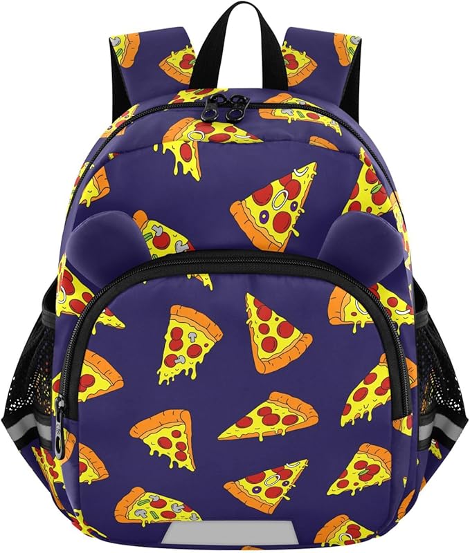 Pizza Toddler Backpack for Boys Girls,Cute Kindergarten Schoolbag with Ears,Preschool Backpack with Reflective Strip and Drawstring S