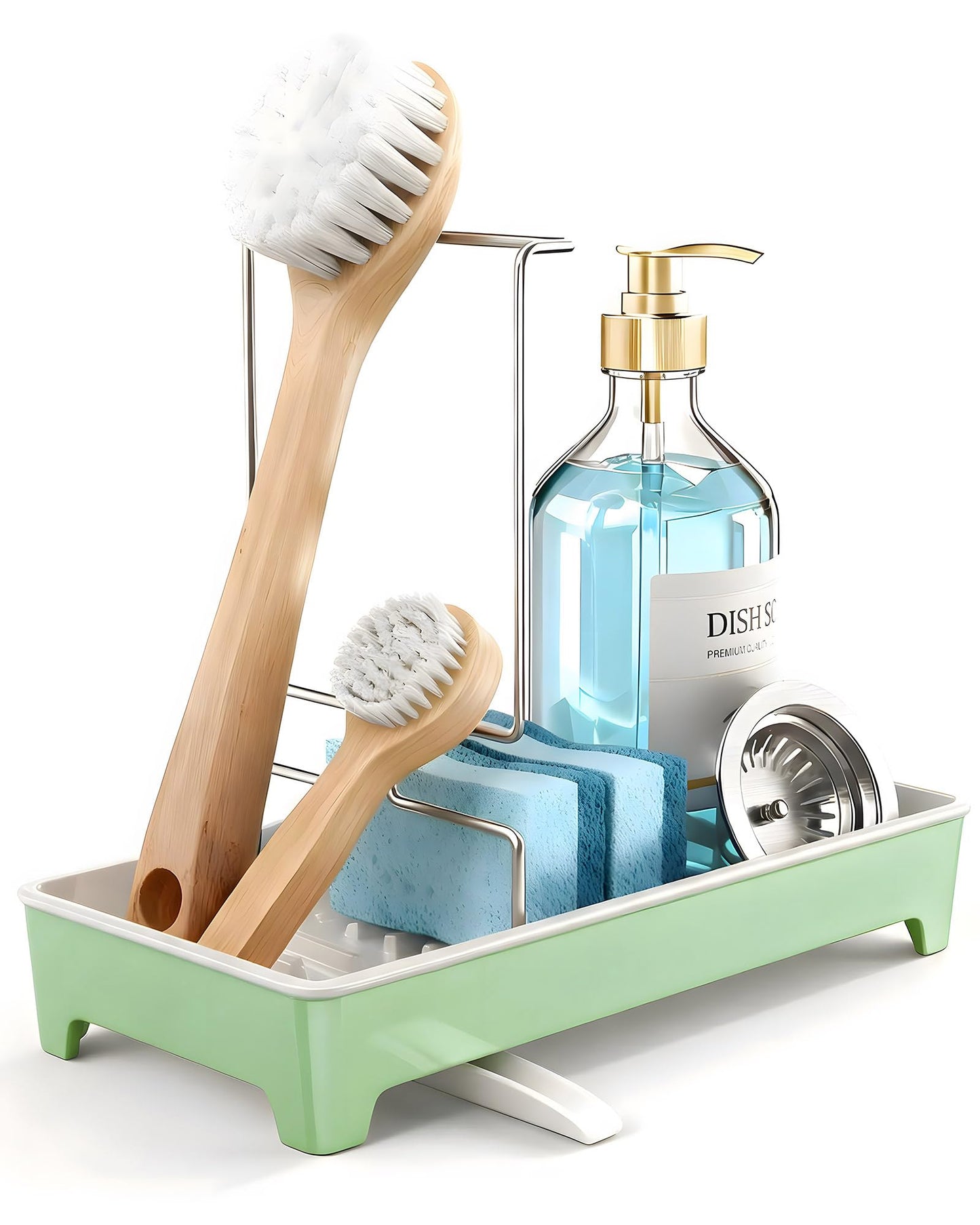 Caumic Minimalist Sink Caddy, Rustproof Sponge Holder for Kitchen Sink with 304 Stainless-Steel Brush Holder, Countertop Rack Organizer with Raised Ridges & Silicone Drain Tube (Mint Green, Large)