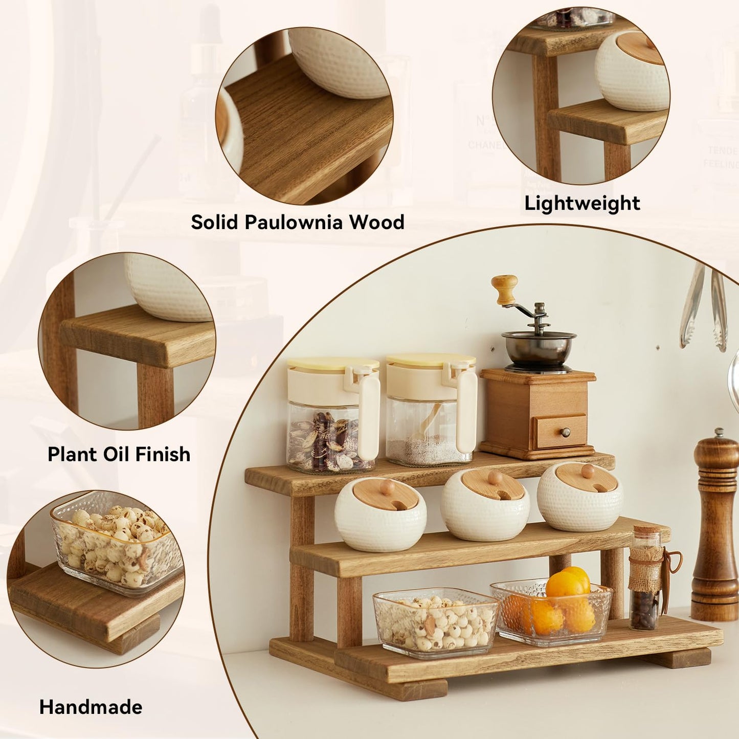 KIRIGEN 3-Tier Display Risers, Paulownia Wood Stand with Beech Wood Supports, Multifunctional Rack, Step Shelf Organizer for Kitchen, Vanity, Entryway for Spices, Cosmetics, Figurines, Cake ZST-DBR