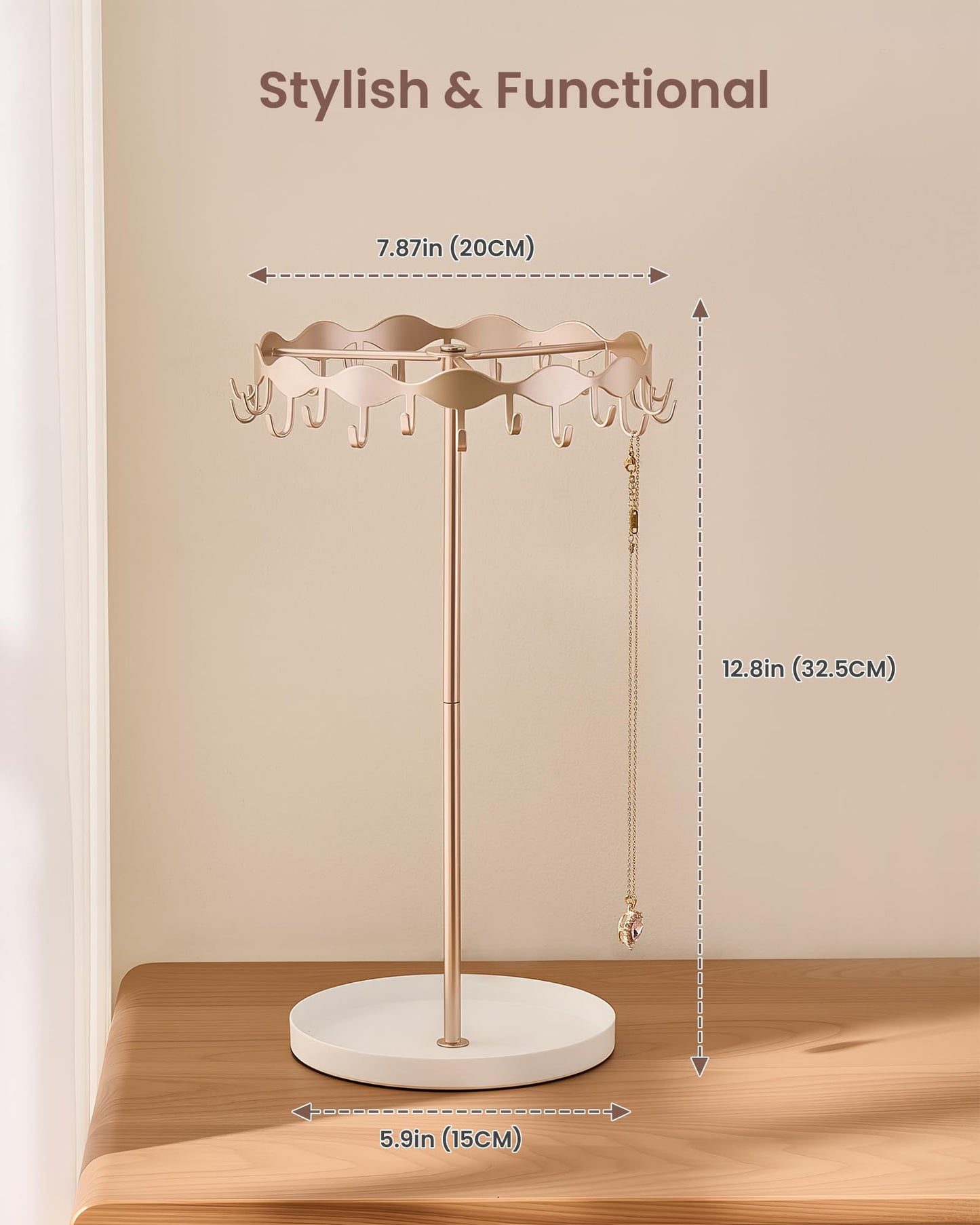 Lolalet Necklace Organizer Holder, Jewelry Display Rack Tree Stand with 26 Hooks & Metal Base Tray, Tall Hanging Storage for Necklaces, Keychains, Bracelets, Mothers Day Gift for Women -Rosegold