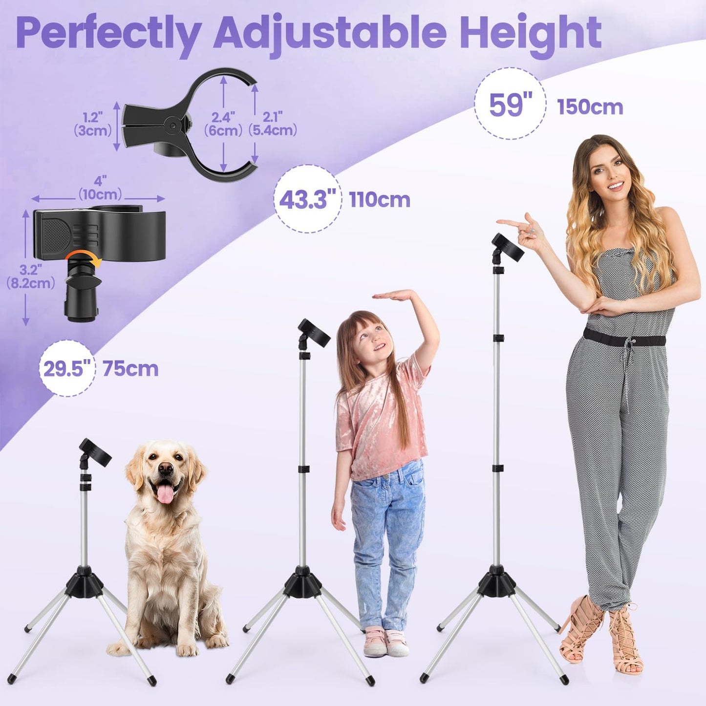 BShome Adjustable Hair Dryer Stand, 29-59 Inch Hair Dryer Holder with Tripod and Universal Clip, 360-Degree Rotating Blow Dryer Stand for Bathroom, Vanity, Makeup Roo, black