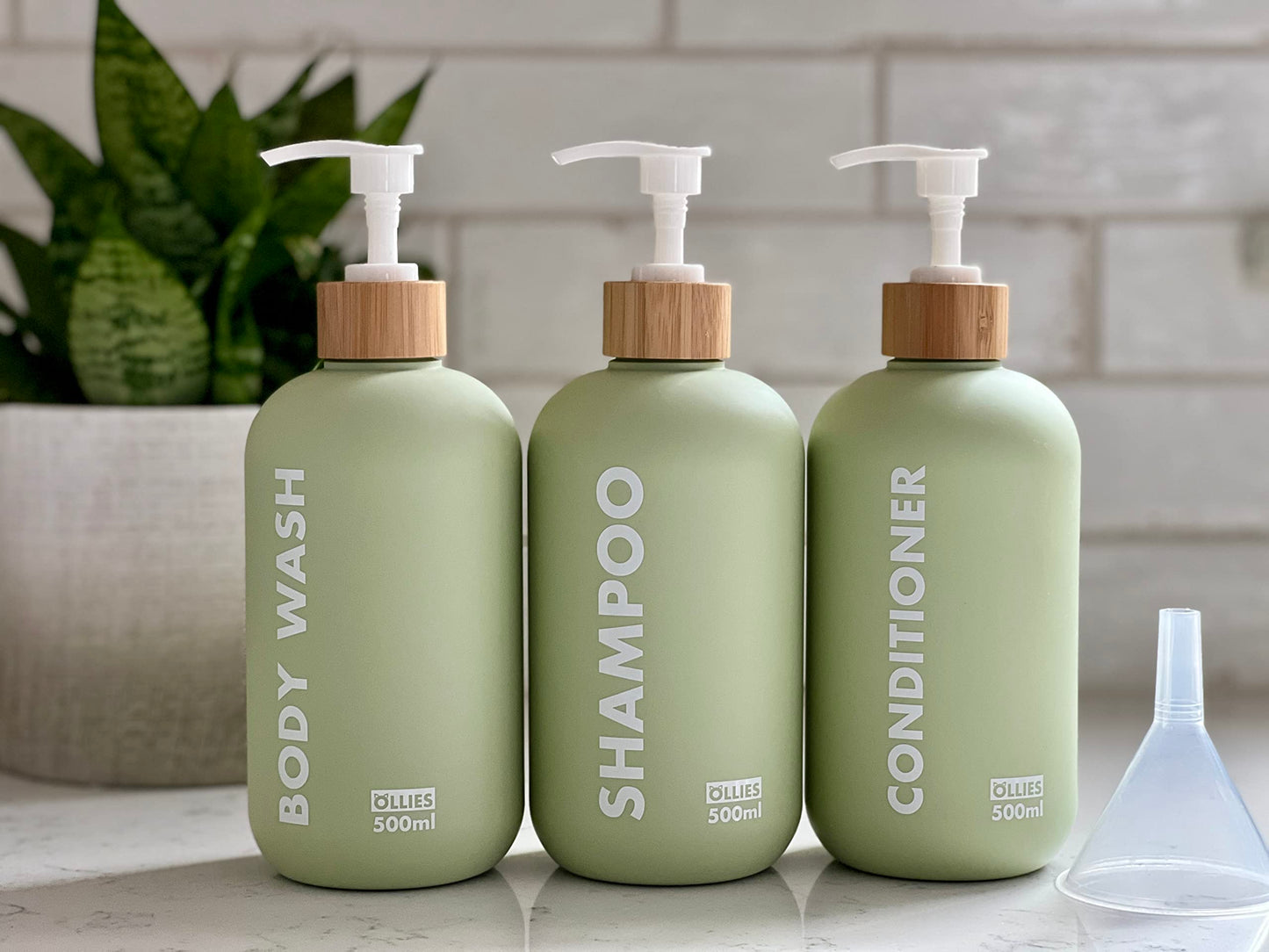OLLIES Shampoo and Conditioner Dispenser, Shower Soap Dispenser for Bathroom, Set of 3 with Permanent Stylish Label, 17oz, 500ml Refillable Shampoo and Conditioner Bottles Green