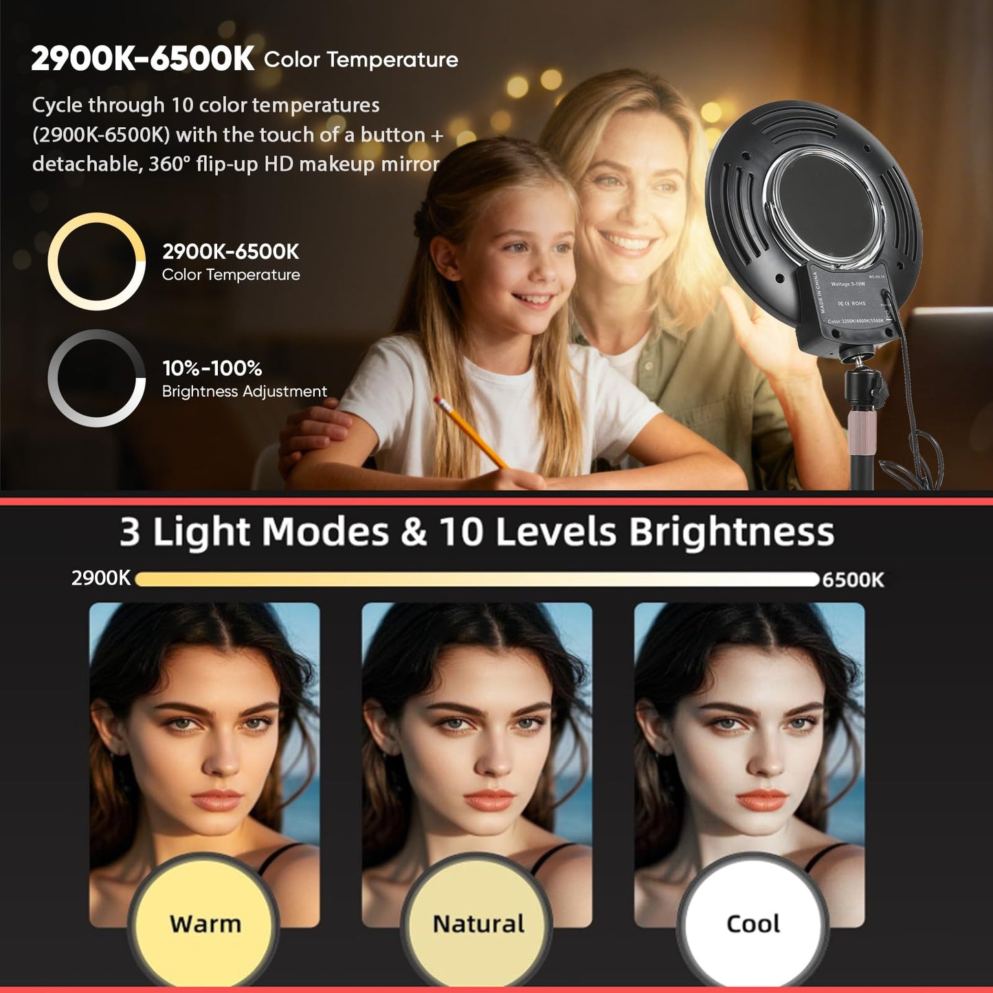 Noveralux Desk Ring Light with Mirror & Stand, 4" HD Makeup Mirror 360° Rotatable,10W Dimmable LED Desk Lamp with Phone Holder & Stand,for Live Streaming,Makeup,Video,Zoom Call,Vlogging,TikTok