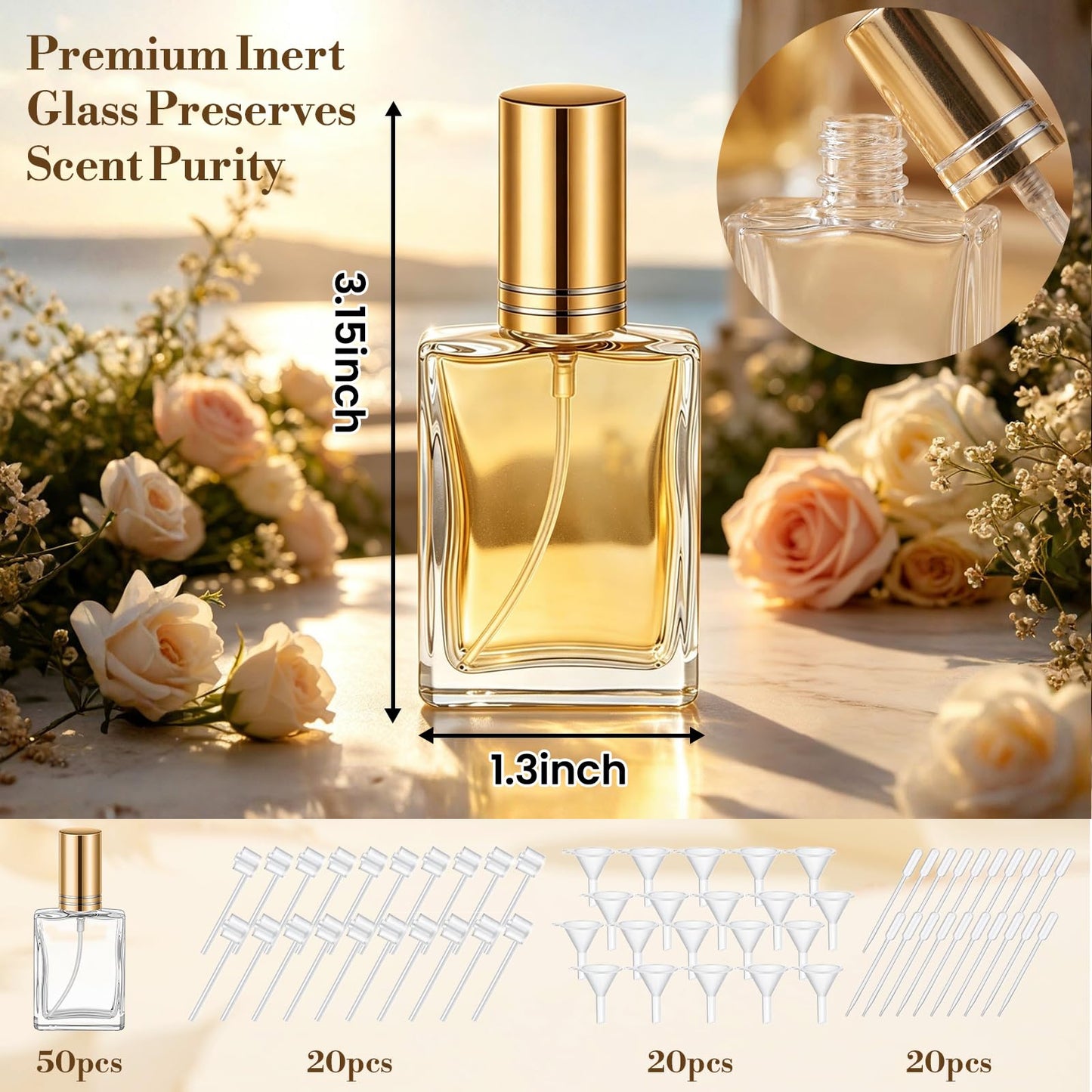 Fanuk 15ml Glass Perfume Bottle Bulk, 50 Pcs Empty Refillable Spray Atomizer with Funnels & Droppers, Gold Mini Travel Dispenser for DIY Gifts