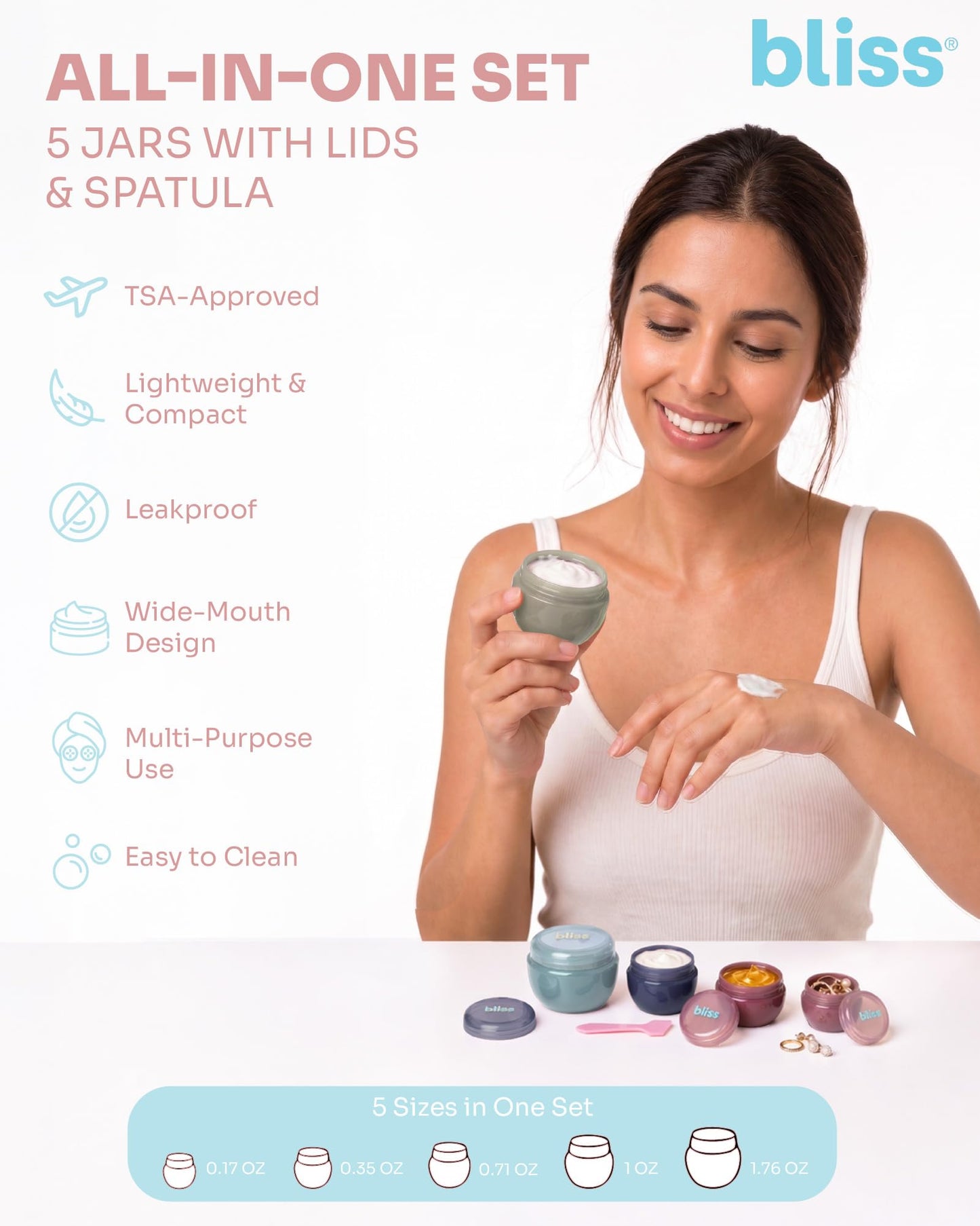 Bliss Travel Containers - 5 Pack Leak Proof Tapered Jar Set with Lid and Spatula - Small Travel Size Containers for Creams Lotions Skincare, Size Onesize, Multi