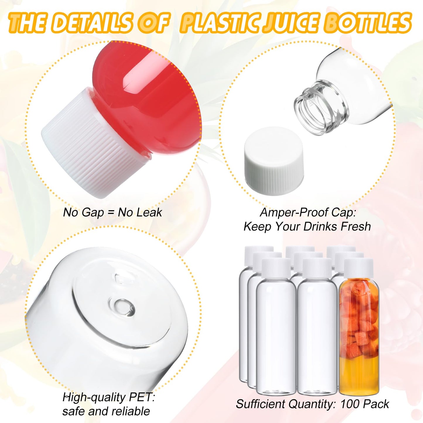 Eccliy 100 Pcs 2oz Clear Plastic Bottles Mini Bottle with Screw Lid Small Empty Reusable Liquid Vial Freezer Safe Container Leak Proof for Juice Milk Water Wedding Party