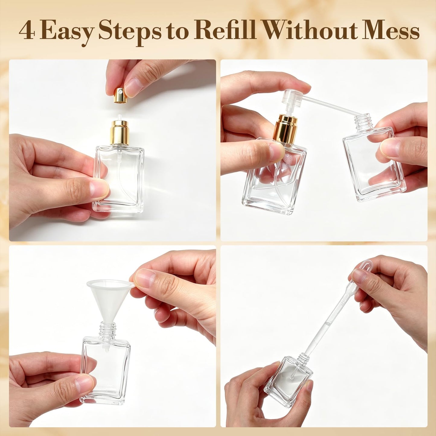 Fanuk 15ml Glass Perfume Bottle Bulk, 50 Pcs Empty Refillable Spray Atomizer with Funnels & Droppers, Gold Mini Travel Dispenser for DIY Gifts
