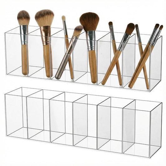 kenaeooe 2 Pack Acrylic Makeup Brush Holder Organizer 6 Compartments Clear Pen Holder for Desk Multifunctional Storage Cup for Office, Bathroom, Kitchen, and Vanity Accessories