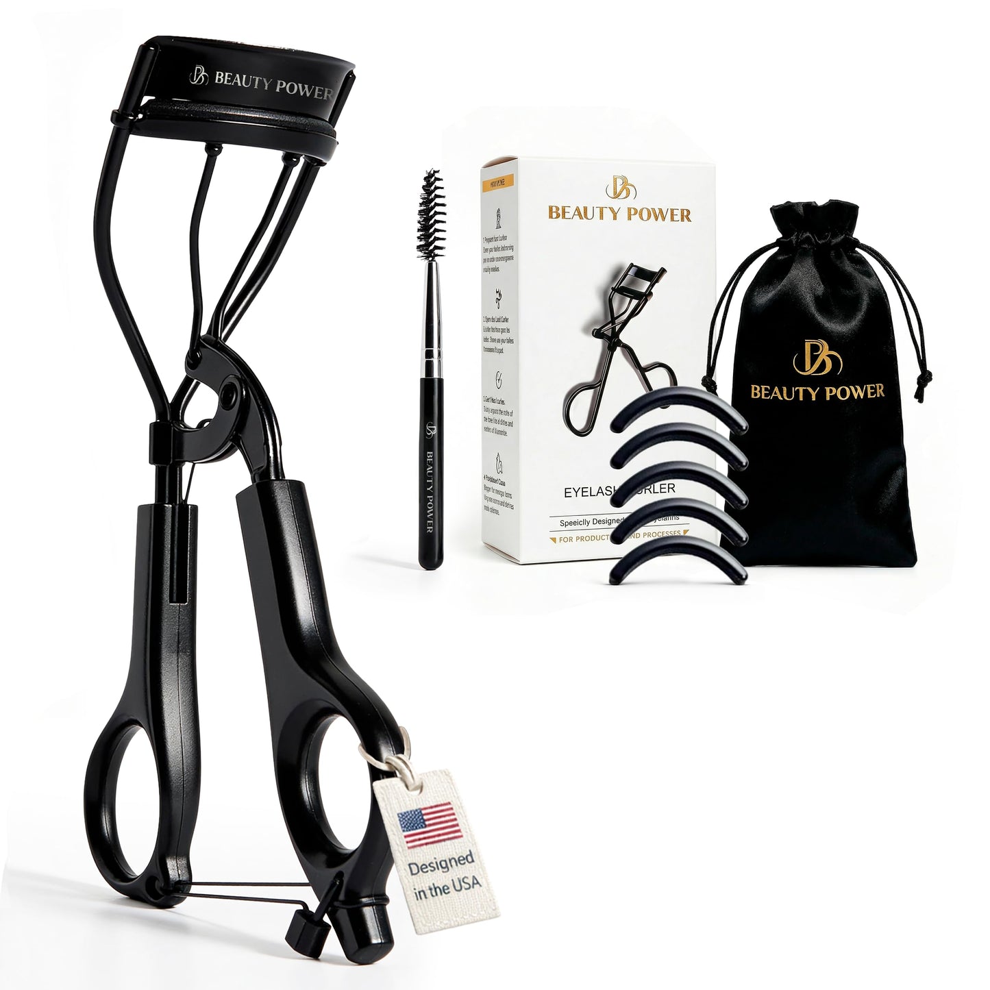 Beauty Power Eyelash Curler - Precision Lash Lift in Seconds with 5 Replacement Pads, Eyebrow Brush & Satin Travel Bag - Gentle & Safe, Stainless Steel for Perfect Extra Curls - Gift Idea (Extra Curl)