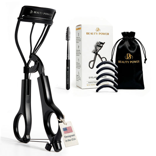 Beauty Power Eyelash Curler - Precision Lash Lift in Seconds with 5 Replacement Pads, Eyebrow Brush & Satin Travel Bag - Gentle & Safe, Stainless Steel for Perfect Extra Curls - Gift Idea (Extra Curl)