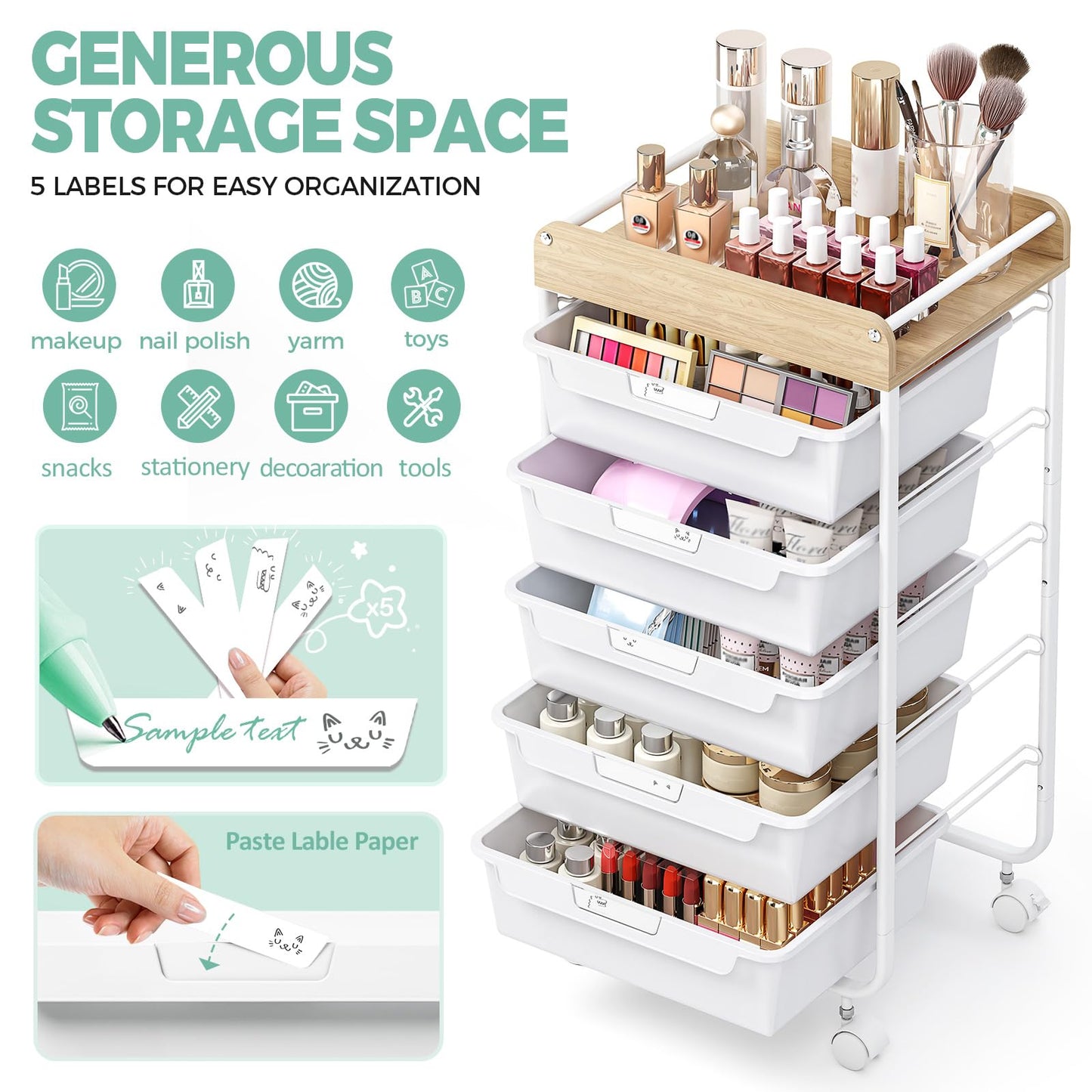 Utility Cart with Drawers,Craft Cart with 5 Drawers,Art Supply Organizer,Rolling Drawer Cart,Craft Storage Cart,Storage Drawer Carts With DIY Lable and Wooden Tabletop Area,White