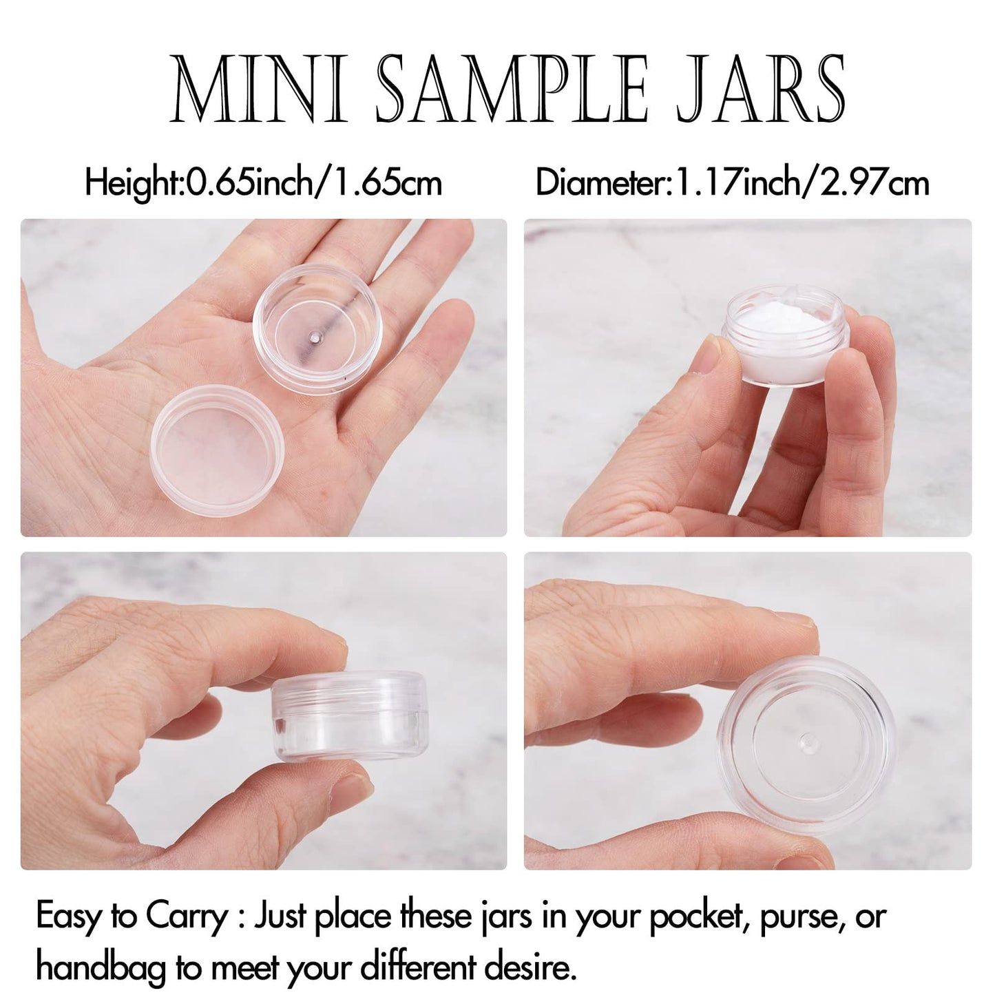 ZEJIA 3 Gram Sample Containers with Lids, 100 Count Tiny Sample Jars, 3ML Makeup Cosmetic Containers for Lip Balms, Lotion, Powder, Beauty Products(Clear Lids)