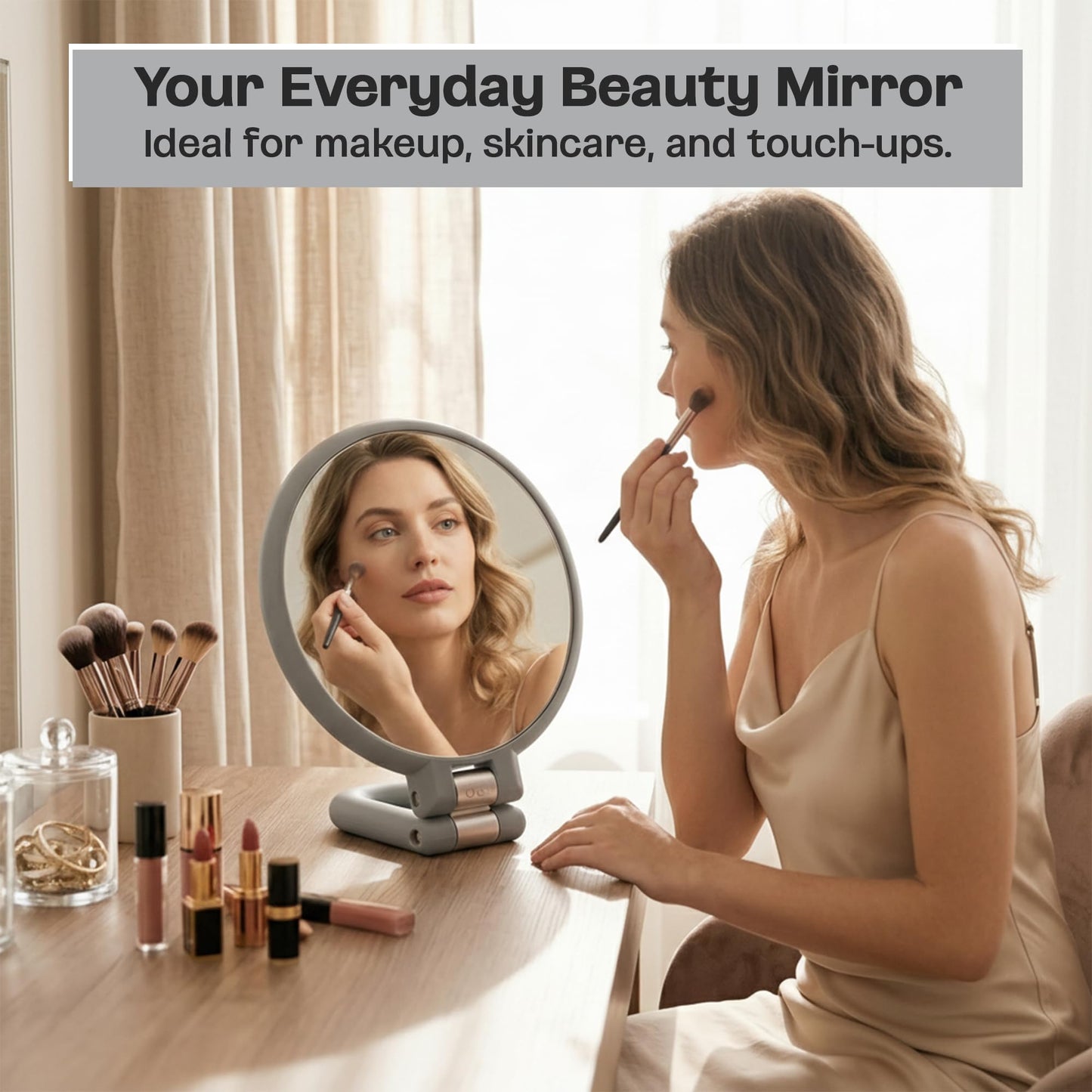 Danielle Magnification Folding Makeup Mirror, Grey, 15X