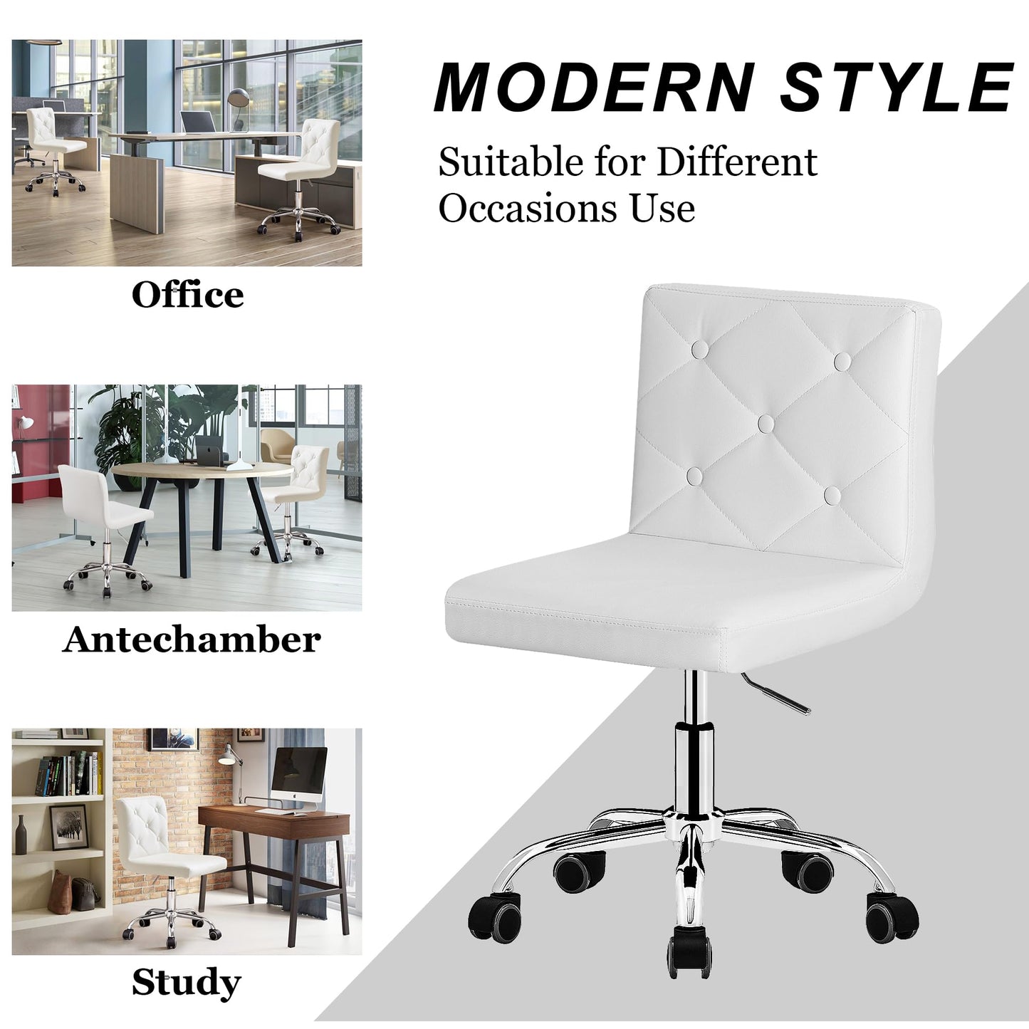 VECELO PU Leather Mid-Back Armless Vanity Chair Adjustable Height 360° Rolling Swivel for Home Office Work, White