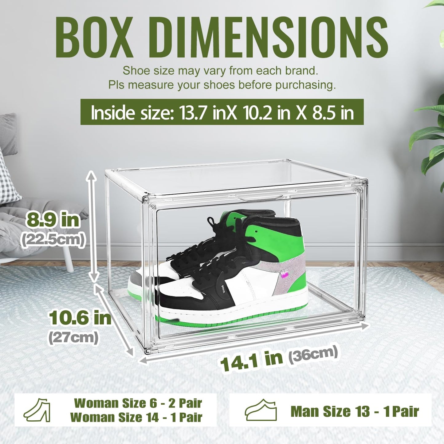 DAYOOH Clear Acrylic Shoe Box Size 14, Stackable Everyday Footwear Storage
