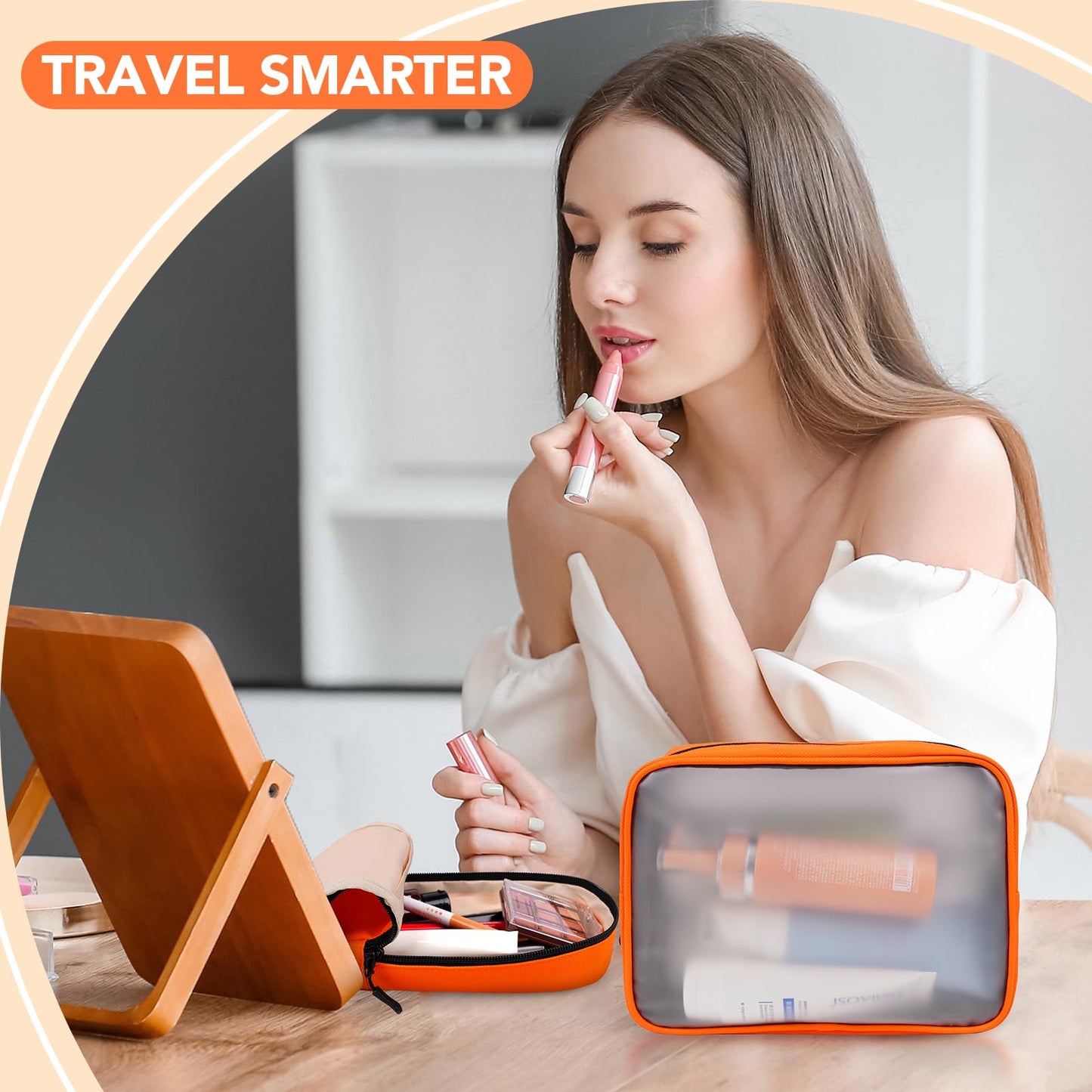 Idcymoul Travel Toiletry Bag Set for Women, Compact Size 5-Piece Hanging Organizer Kit with TSA Approved Cosmetic Bag, Jewelry Case & Cable Pouch, Waterproof Makeup Bag for Travel Essentials - Orange