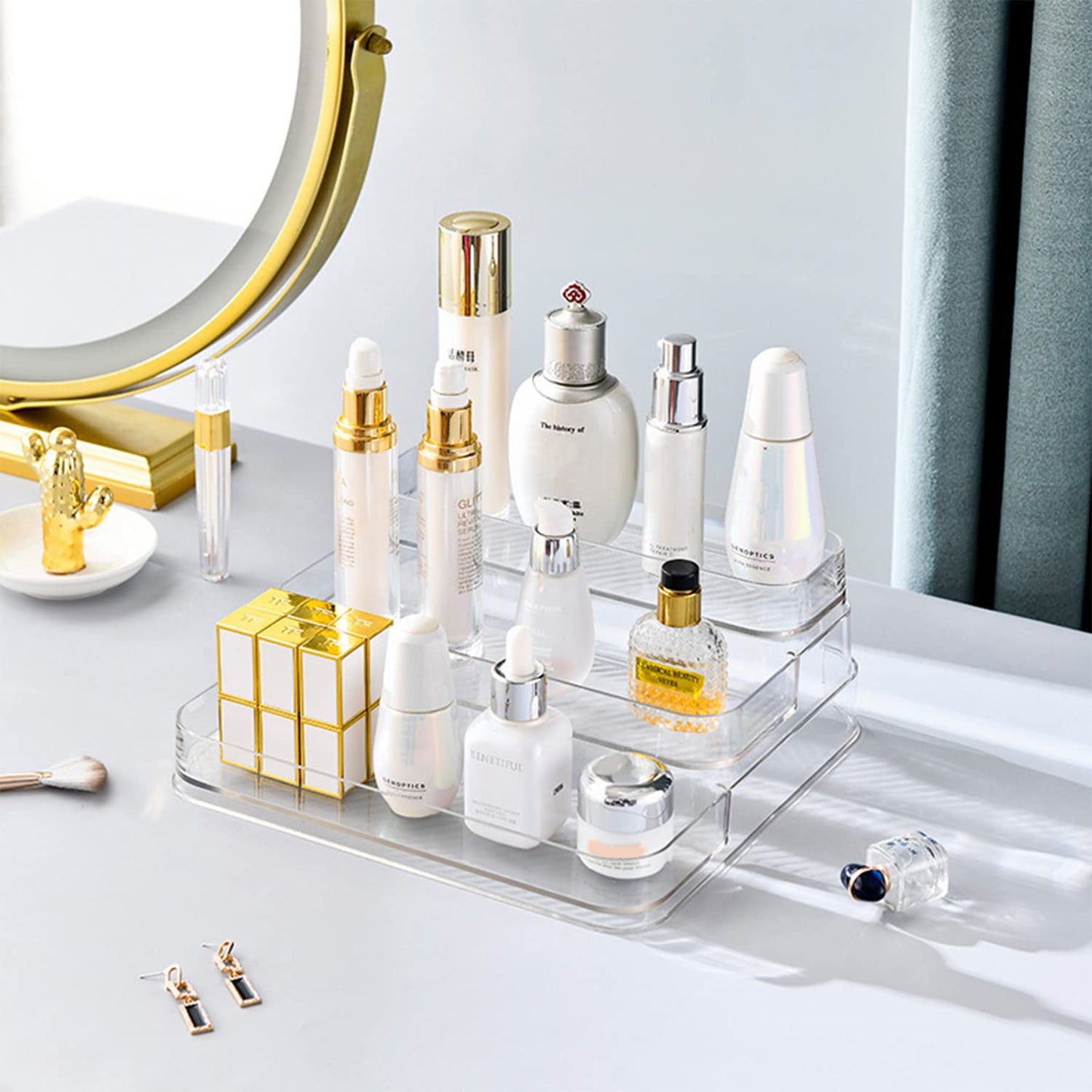 Zilphoba 2pcs Acrylic Rack, No Assembly Clear 3 Tier Condiment Bottle Shelf Vanity Organizer for Cabinet Kitchen Bathroom