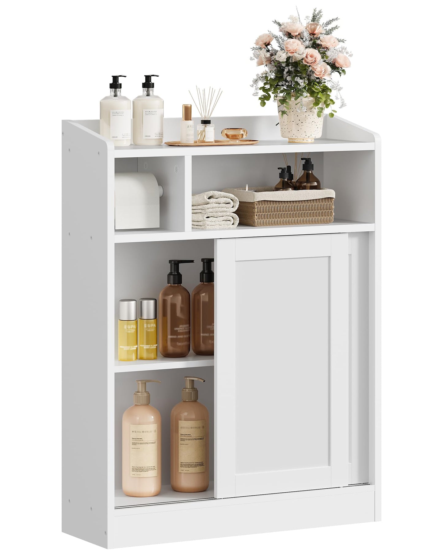 CHOEZON Slim Bathroom Storage Cabinet, Bathroom Floor Cabinet, Storage Organizer with Toilet Paper Holder, Sliding Doors and Adjustable Shelf, for Small Spaces, Bathroom, Living Room, Kitchen, White