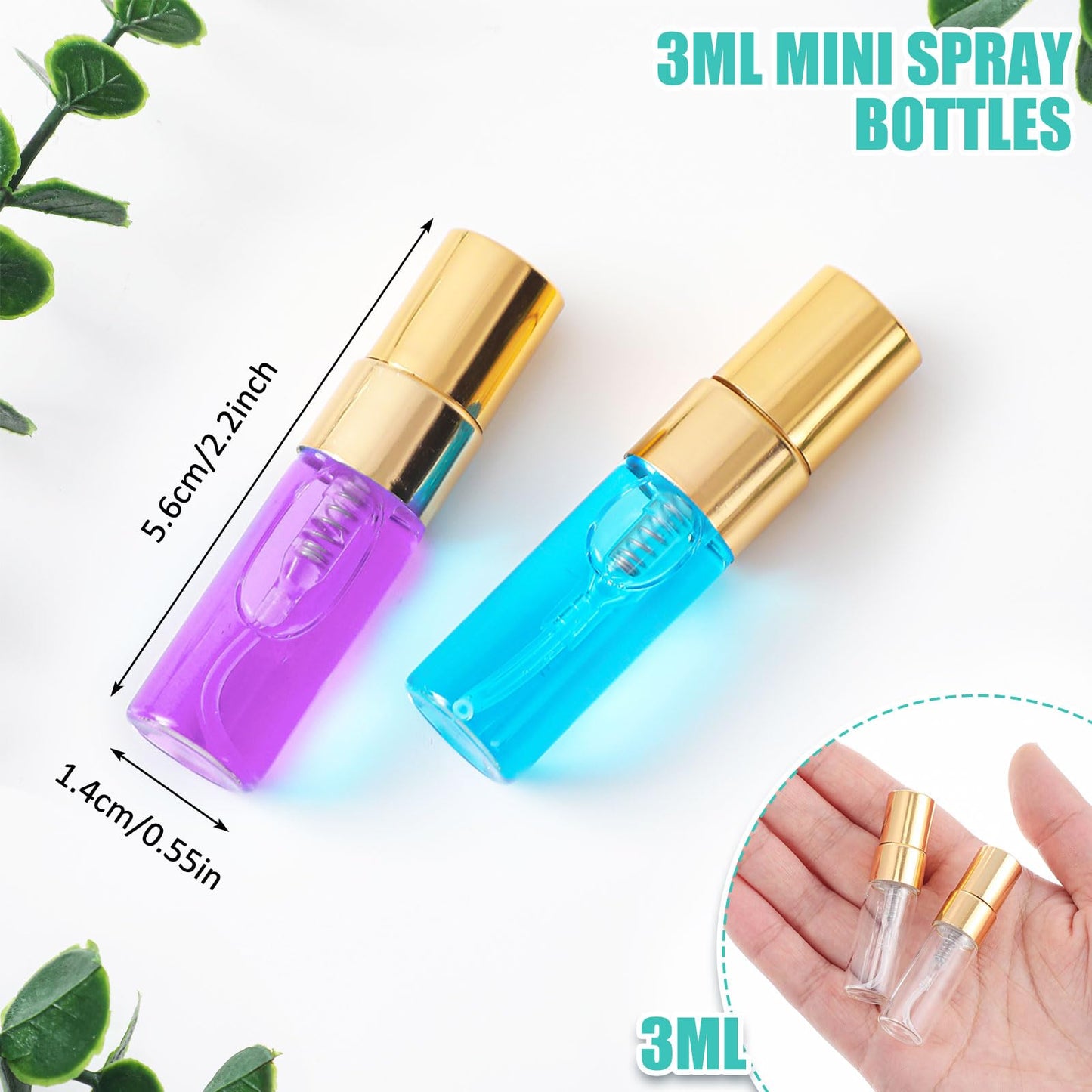 Zhehao 100 Pcs Mini Spray Bottles 3 ml Clear Glass Perfume Bottles Refillable Fine Mist Perfume Atomizer Portable Empty Sample Containers for Cleaning, Essential Oils, Travel (Gold Cap)