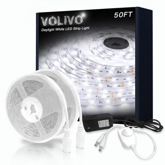 VOLIVO White LED Strip Lights, 50ft Dimmable 24V LED Lights 6500K Bright Daylight White, Strong Adhesive, Flexible Tape Light for Mirror, Kitchen Cabinets, Bedroom