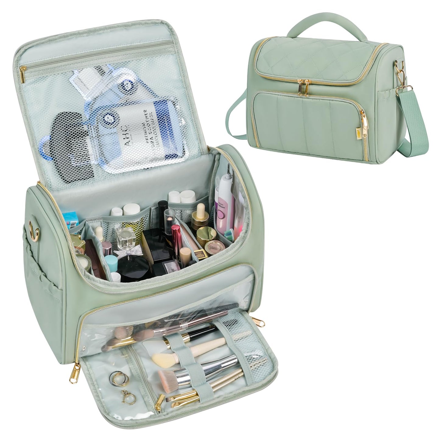 GR69N Travel Toiletry Bag Large Cosmetic Makeup Bag Organizer for Women,Wide-open Make Up Bag Waterproof Makeup Case Travel Bag with Handle and Dividers for Toiletries,Essentials,Accessories,Green