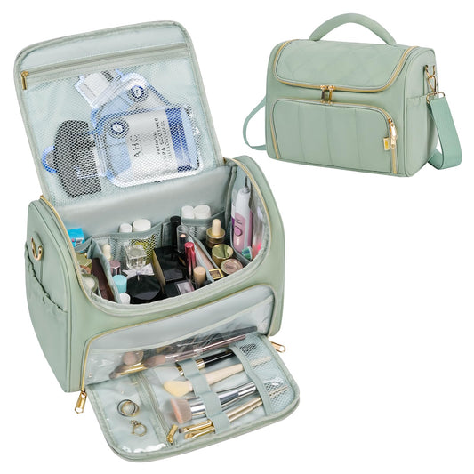 GR69N Travel Toiletry Bag Large Cosmetic Makeup Bag Organizer for Women,Wide-open Make Up Bag Waterproof Makeup Case Travel Bag with Handle and Dividers for Toiletries,Essentials,Accessories,Green