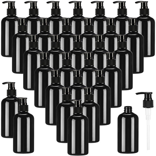 CroBlissful 32 Pcs Empty Plastic Pump Bottles 8oz Refillable Lotion Pump Bottle Containers with Dispenser for Shampoo, Conditioner, Face Cream, Massage Oil, Liquid Soap (Black)