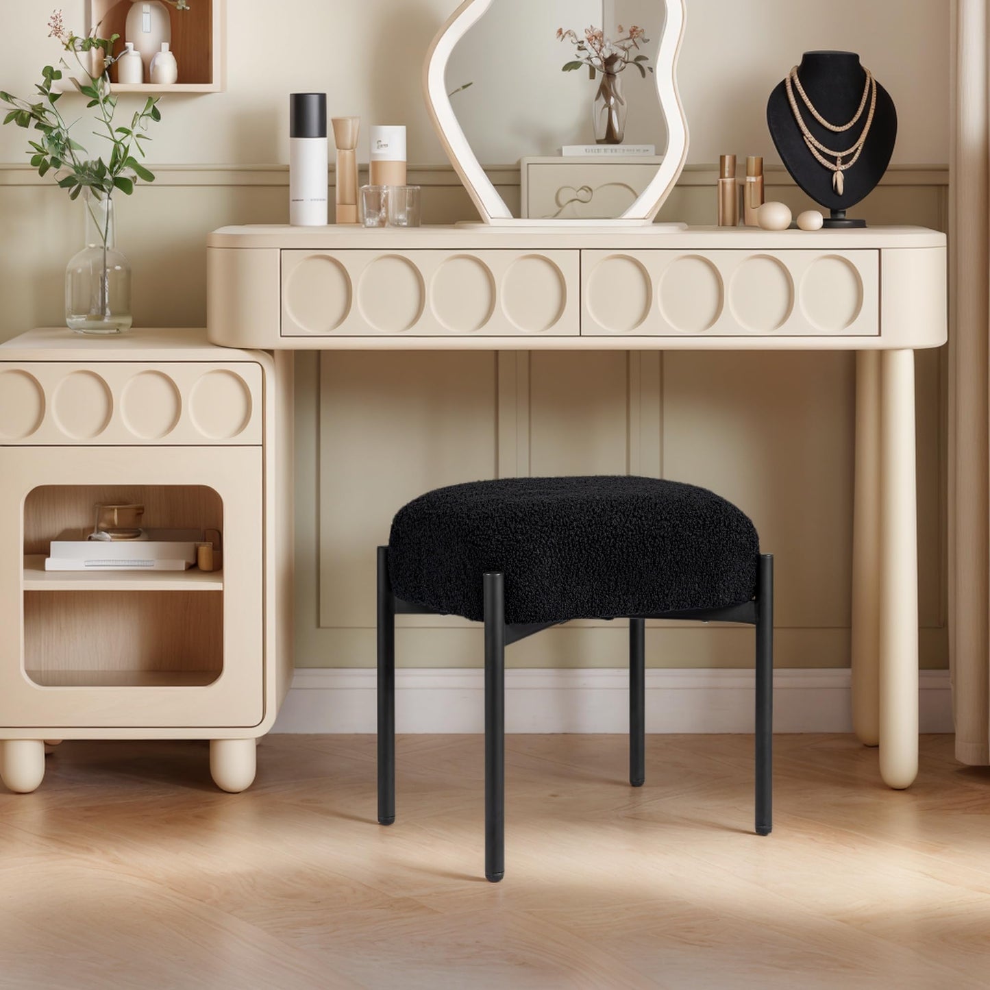 MOOWIND Vanity Stool Chair Faux Fur, 16.3"L x 12.8"W x 17.3"H Soft Ottoman, Makeup Chair Bench Furry Padded Seat with 4 Metal Legs, Footstool Multifunctional Chairs for Bedroom, Living Room, Black